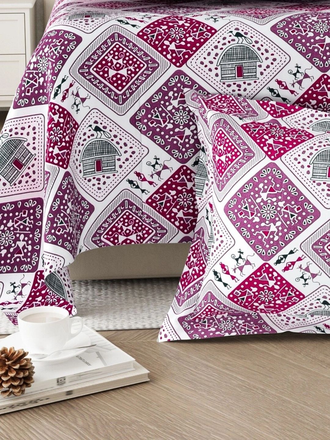 Homeful Style Pink & White 160 TC Single Bedsheet with 1 Pillow Covers-picture-41