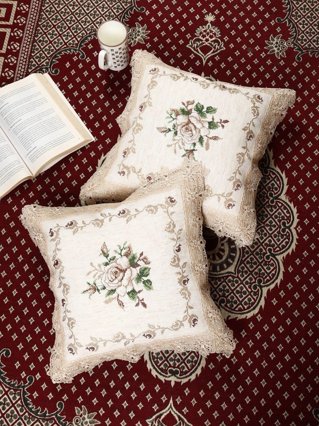 TANLOOMS White Set of 2 Floral Linen Square Cushion Covers-image-42