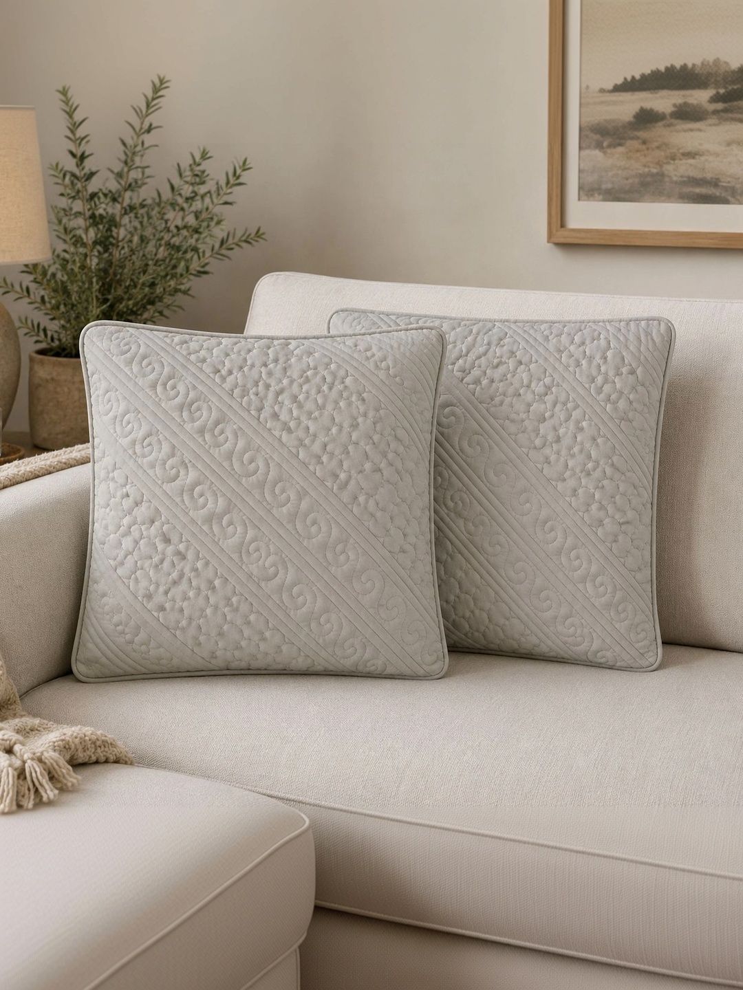 Quirky Home 2 Pieces Grey Pure Cotton Square Cushions-image-33