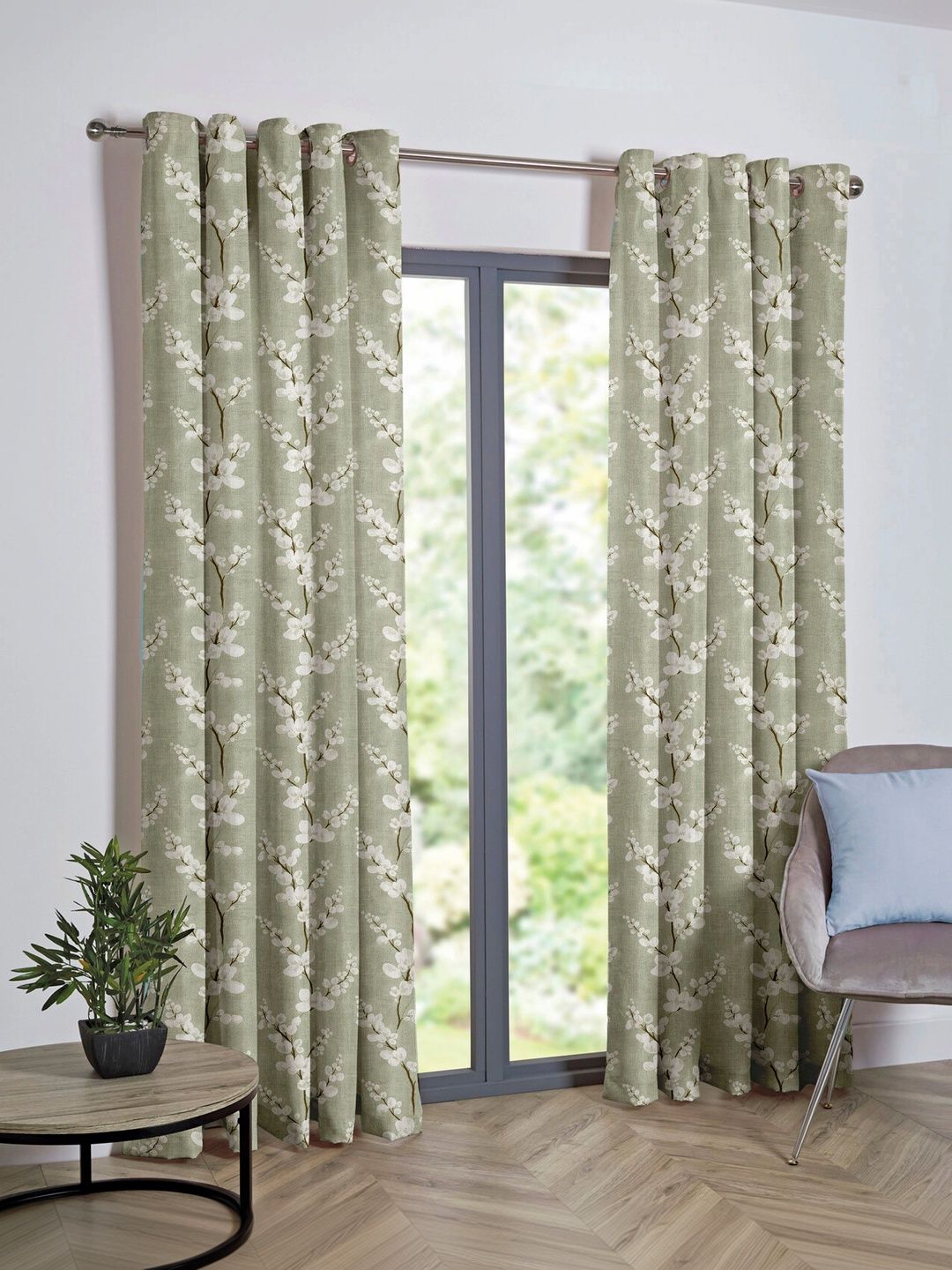 Myntra Elegant Homes Green & White Set of 2 Floral Black Out Long Door Curtain-picture-18