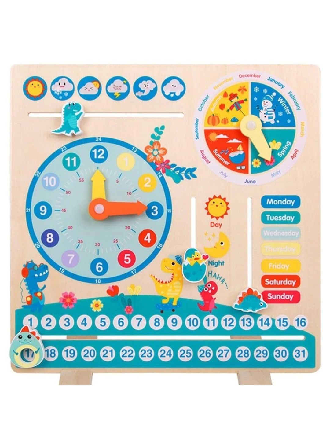 Little Mind Kids Wooden Dinosaur Calendar & Learning Clock-image-3