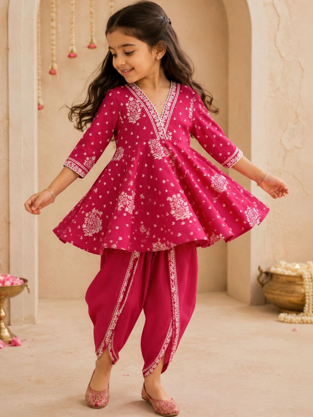 Peekaaboo Kids Girls Ethnic Motifs Printed Angrakha Pure Cotton Kurta with Dhoti Pants-picture-35