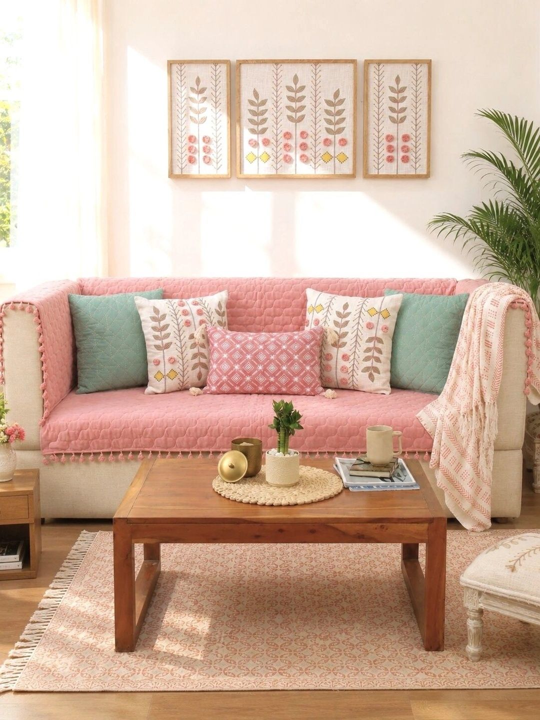 eyda Pink & Green Embroidered Cotton Blend Sofa Cover With Arms-picture-6