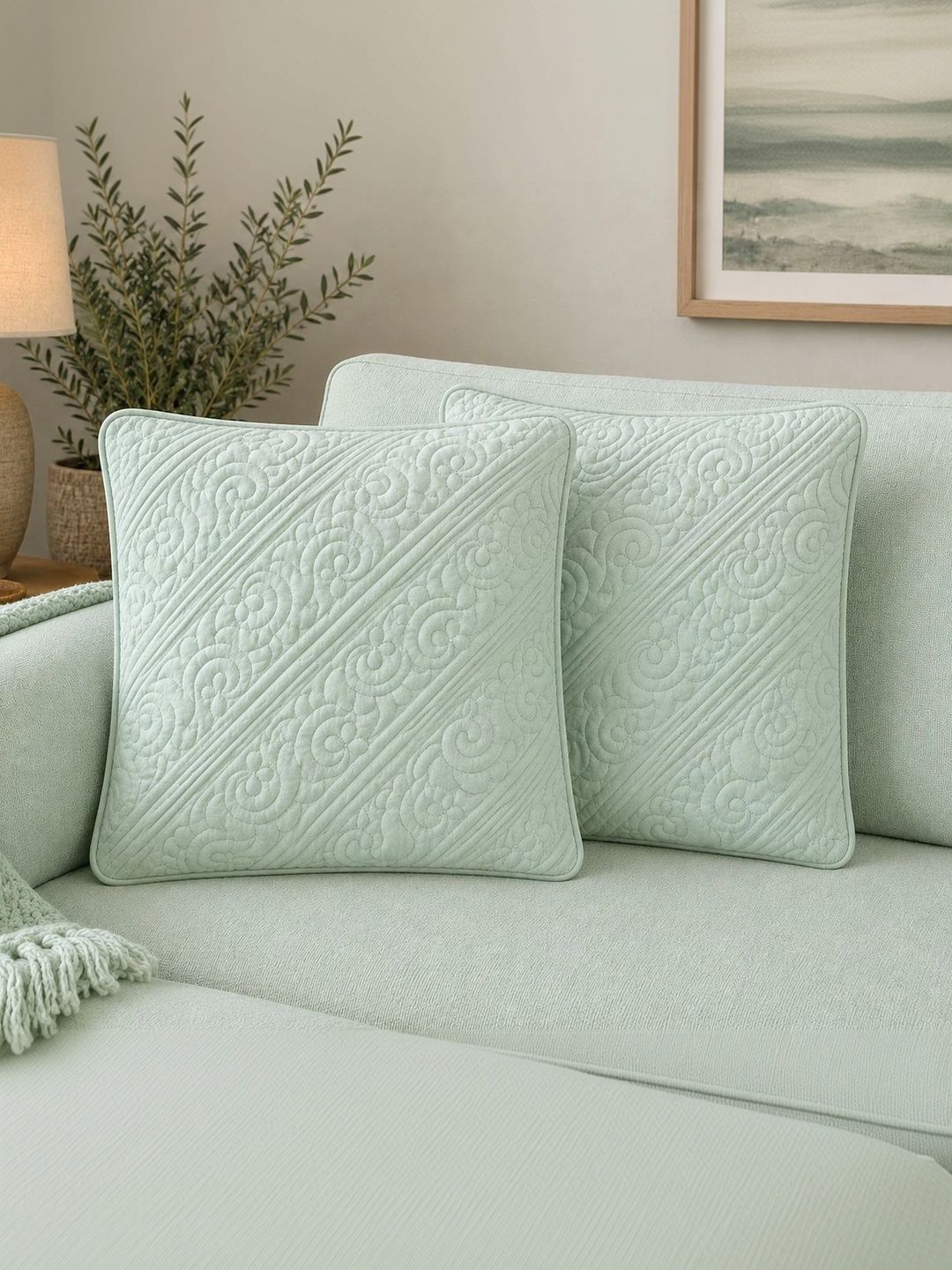 Quirky Home 2 Pieces Lime Green Pure Cotton Square Cushions-image-49