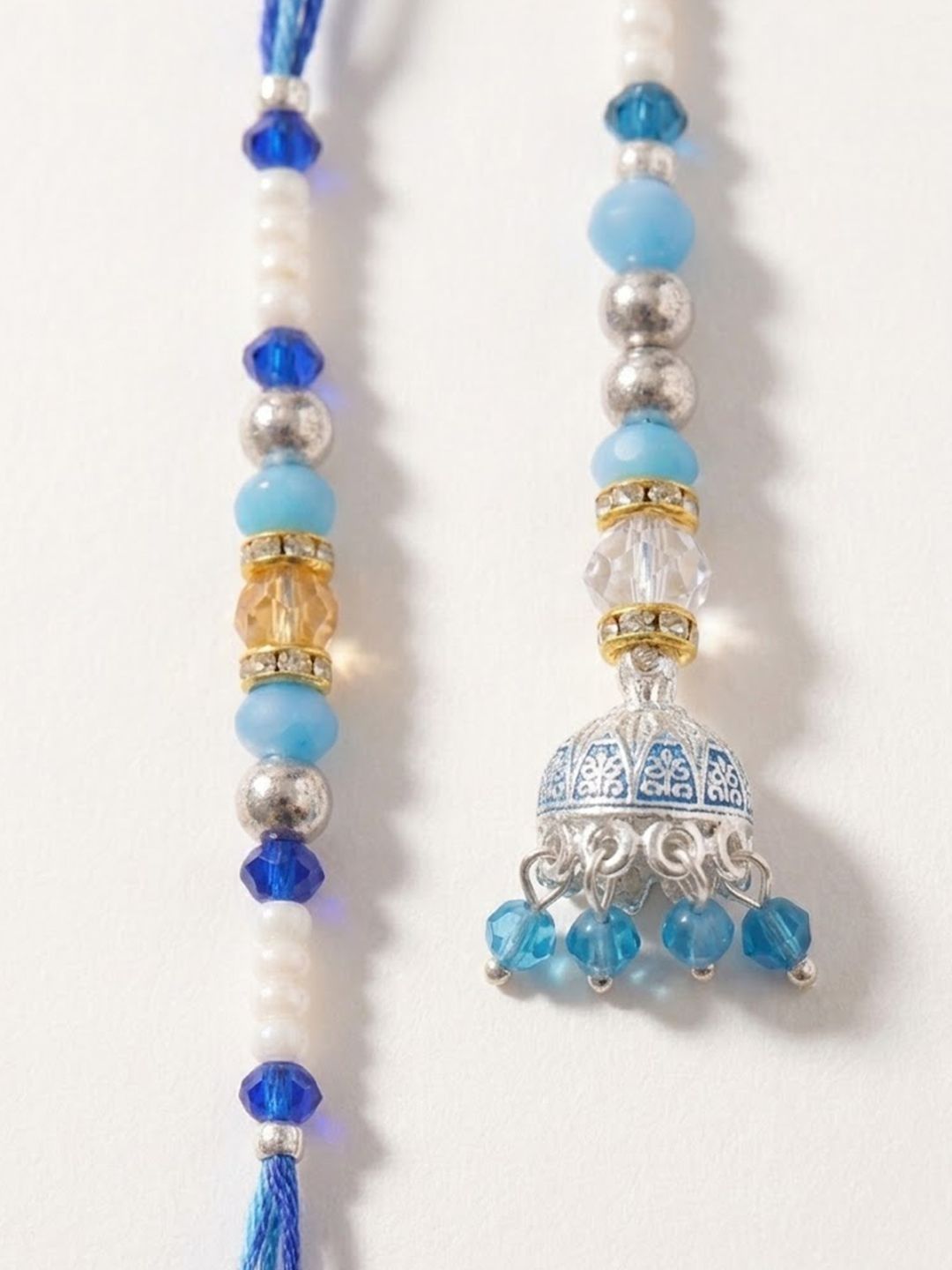 SZN Set Of 2 Blue Artificial Beads Jhumka Design Bhaiya Bhabhi Rakhi With Roli Chawal-picture-12
