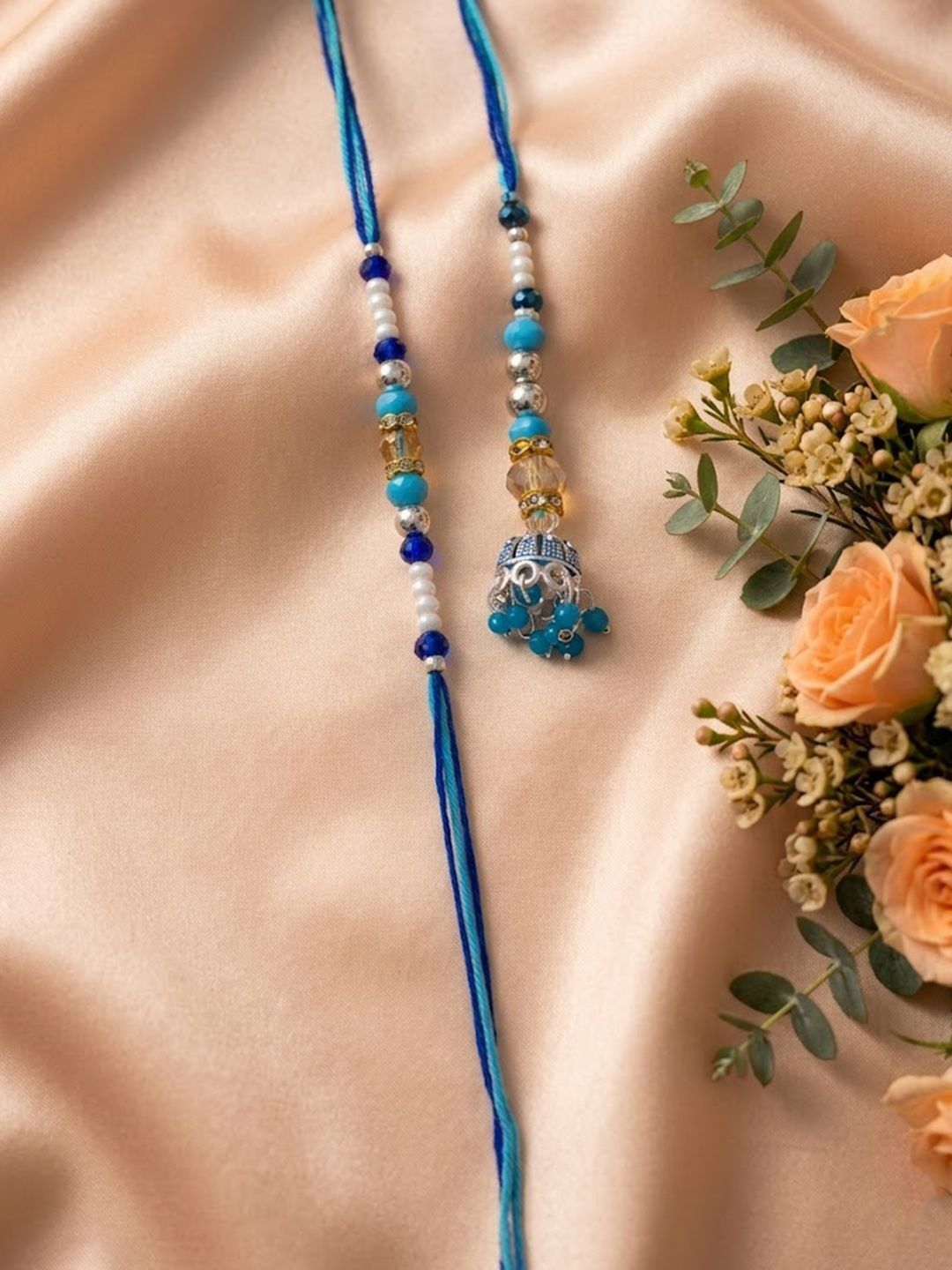 SZN Set Of 2 Blue Artificial Beads Jhumka Design Bhaiya Bhabhi Rakhi With Roli Chawal-picture-40