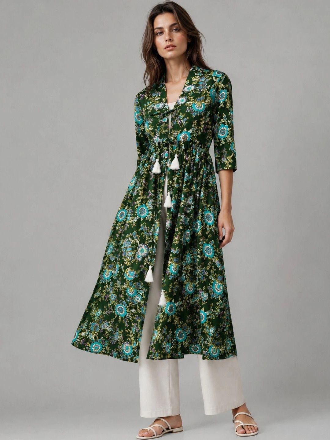 Porsorte Women Printed Tasselled Longline Tie-Up Shrug-image-17