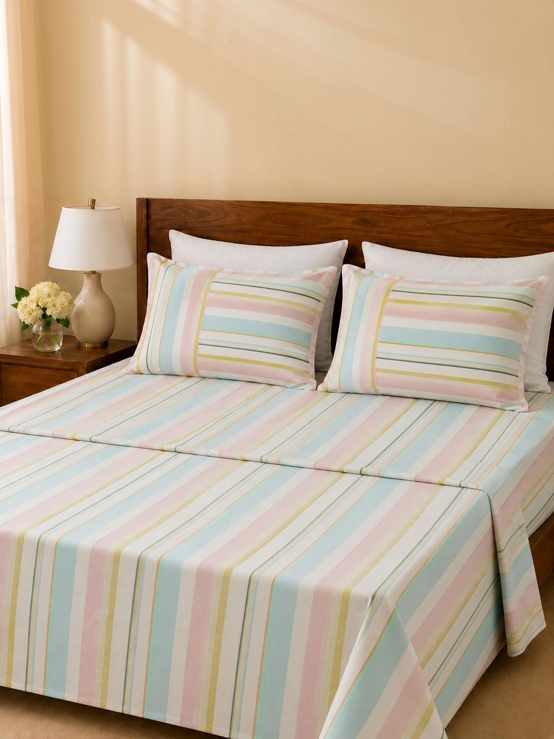 EcruE Multicoloured & Pink Striped King Bedsheet with 2 Pillow Covers-image-16