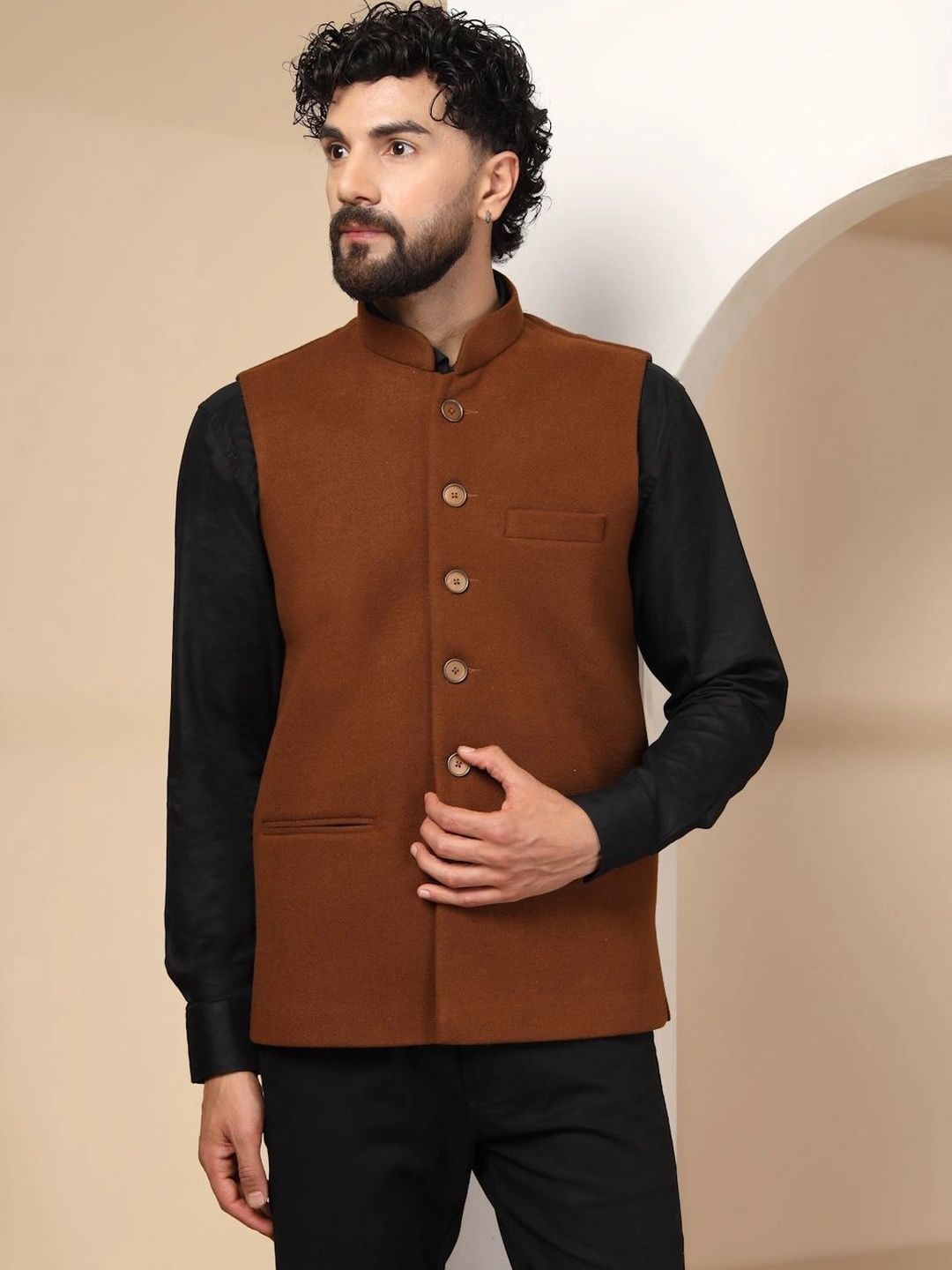 DEIFIC Mandarin Collar Woven Nehru Jacket-picture-18