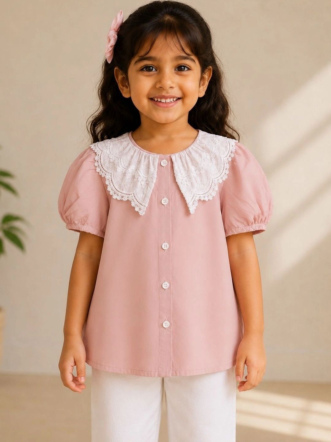 Peppy Orange Peter Pan Collar Puff Sleeve Ruffles Cotton Top-picture-21