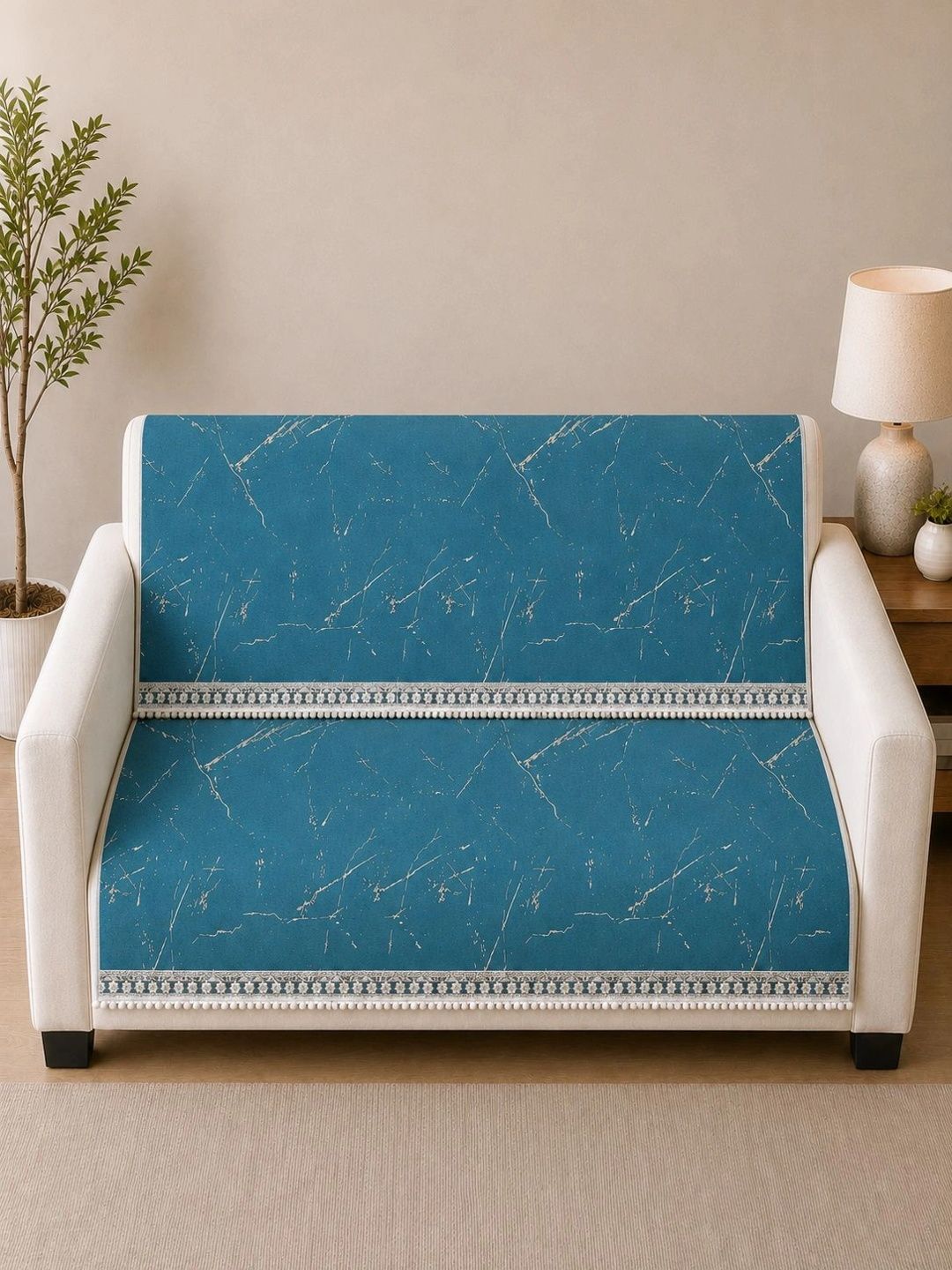 Clasiko Blue Printed 2 Piece Sofa Cover Without Arms-picture-2