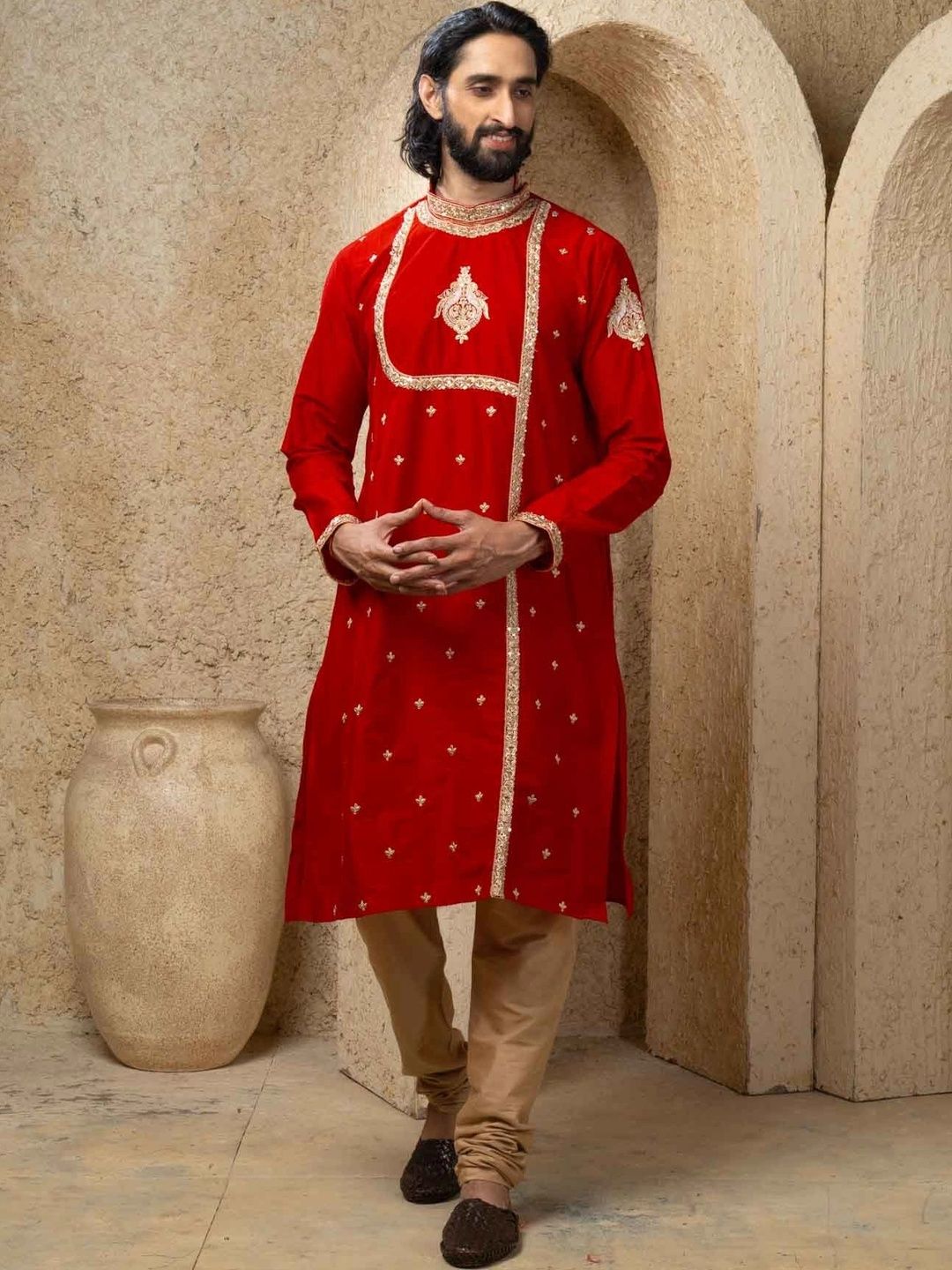 THE SHAHENSHA Men Ethnic Motifs Embroidered Angrakha Raw Silk Kurta with Pyjamas-picture-34