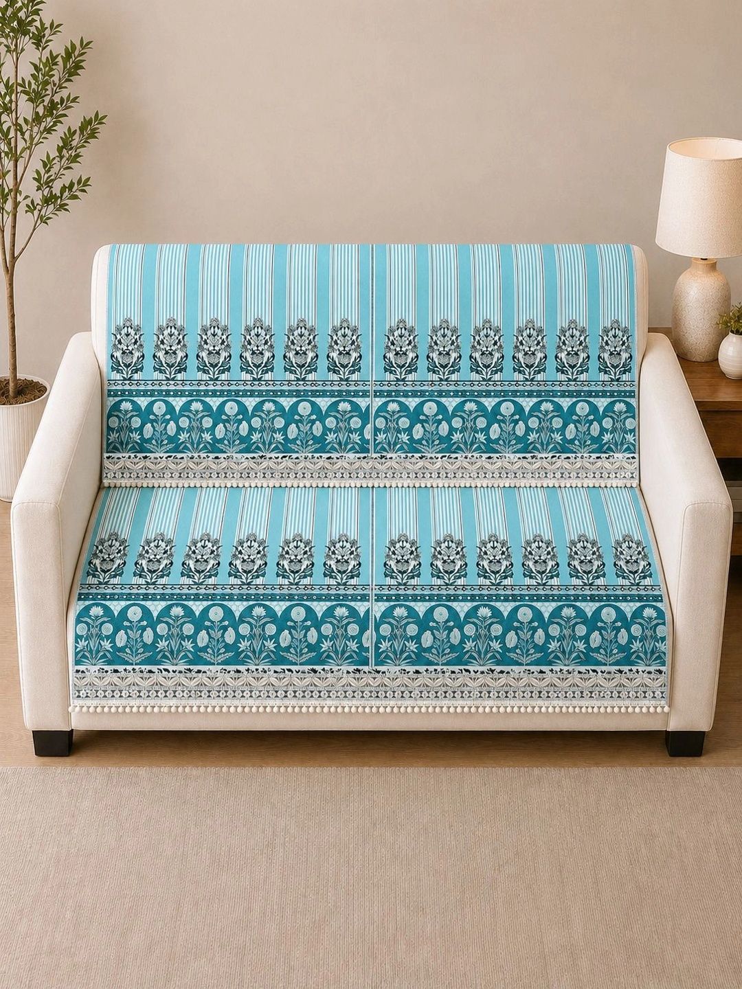 The Home Story Blue Printed 2 Piece Sofa Cover Without Arms-picture-15