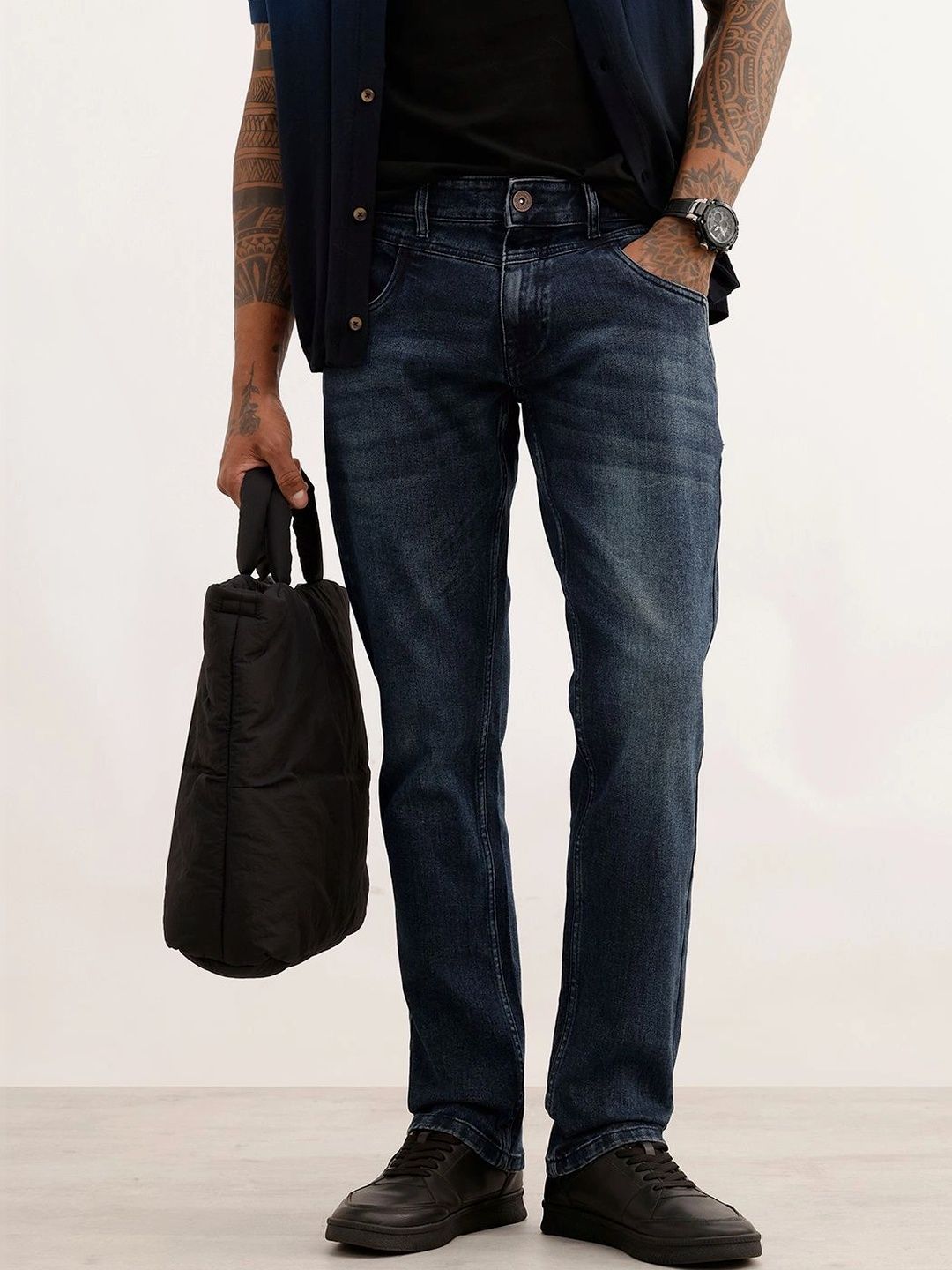 WROGN Men Straight Fit High-Rise Low Distress Light Fade Stretchable Jeans-picture-22
