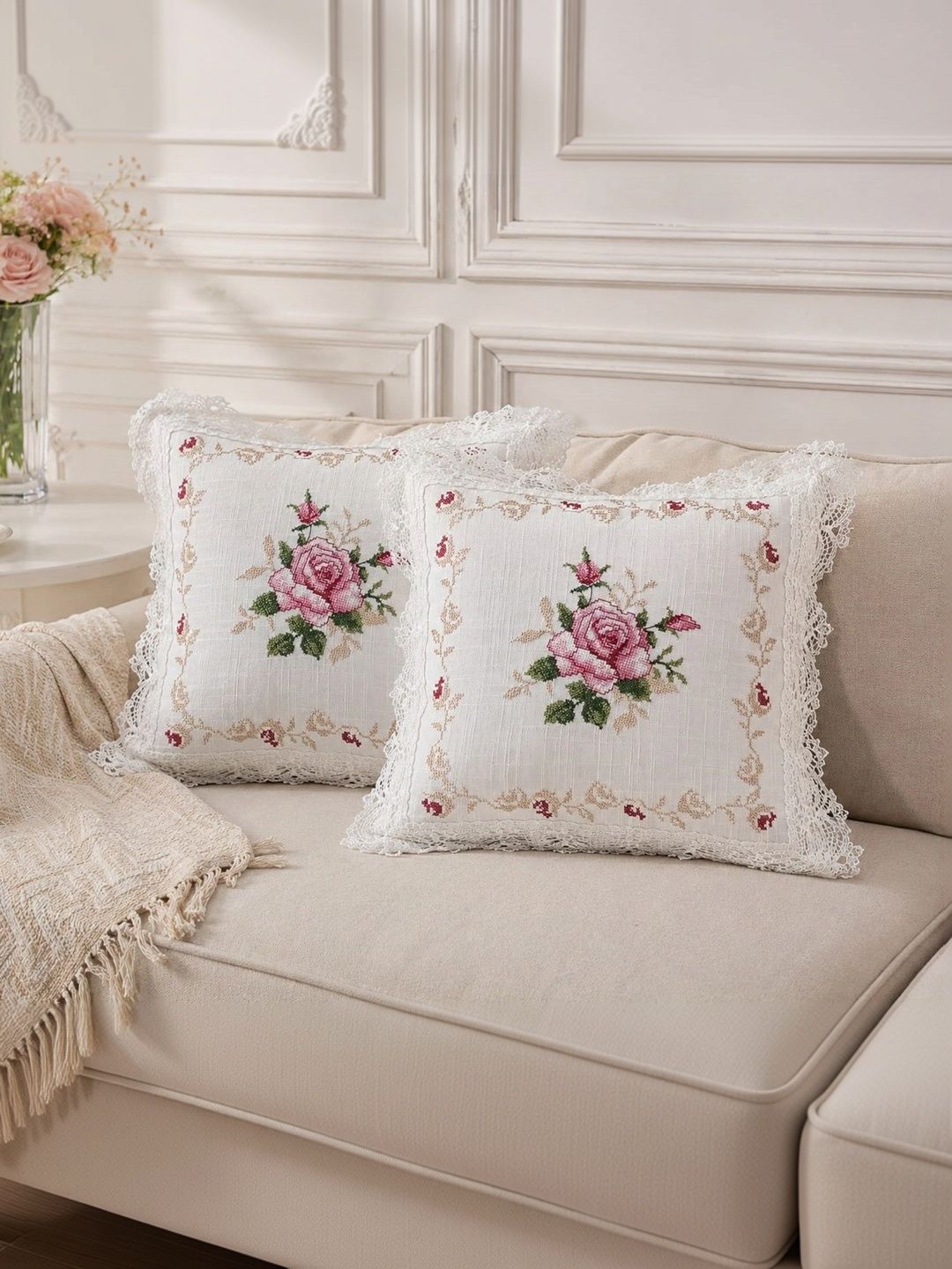 TANLOOMS White Set of 2 Floral Linen Square Cushion Covers-picture-17