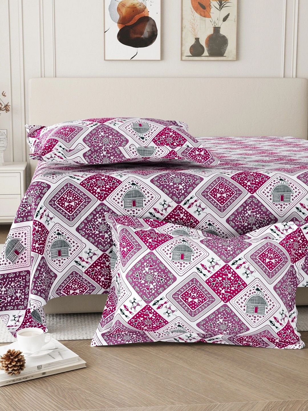 Homeful Style Pink & White 160 TC Queen Bedsheet with 2 Pillow Covers-picture-37