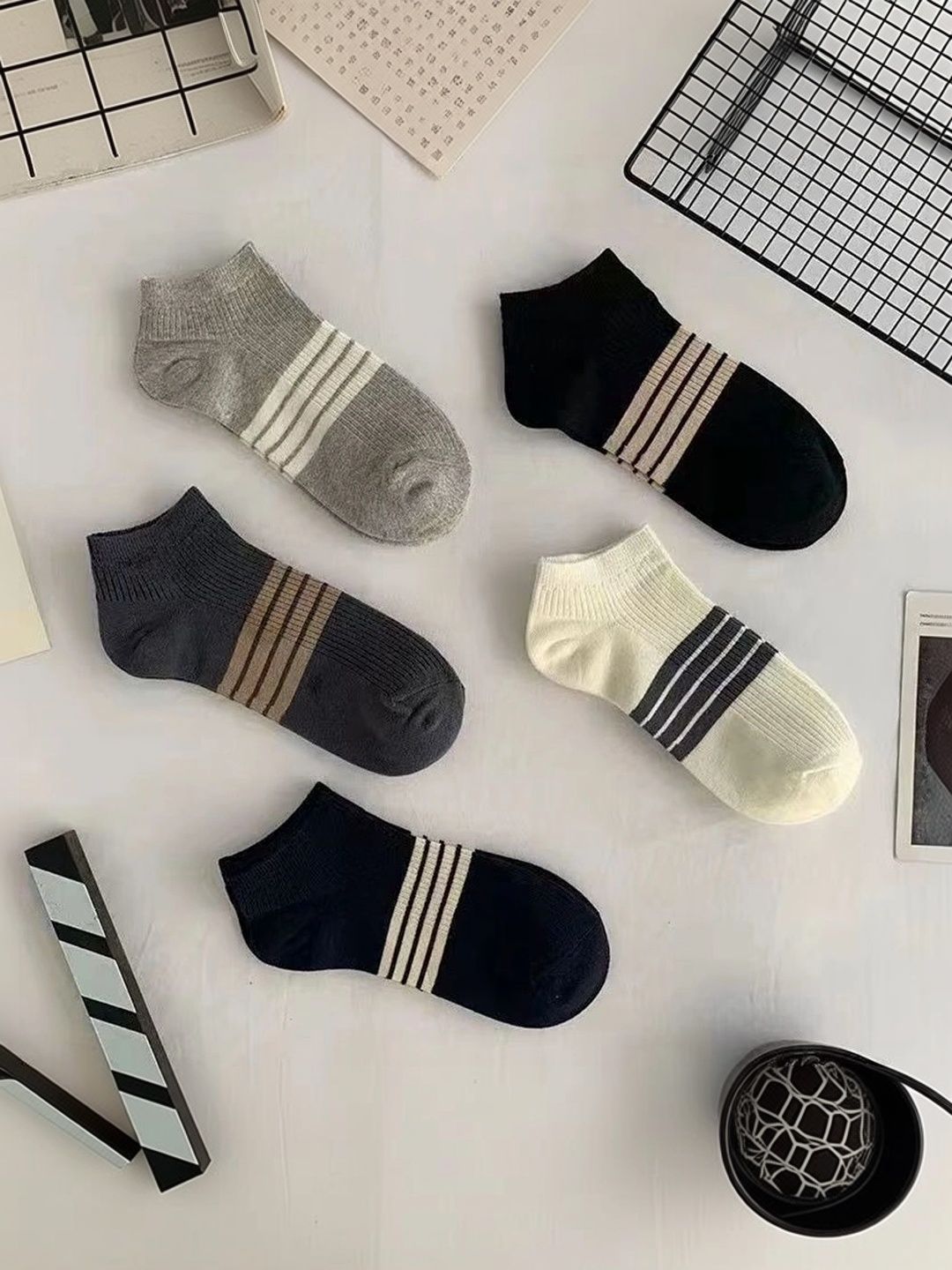 BEAR&BEYOND Men Pack of 5 Cotton Assorted Striped Ankle Length Socks-picture-52