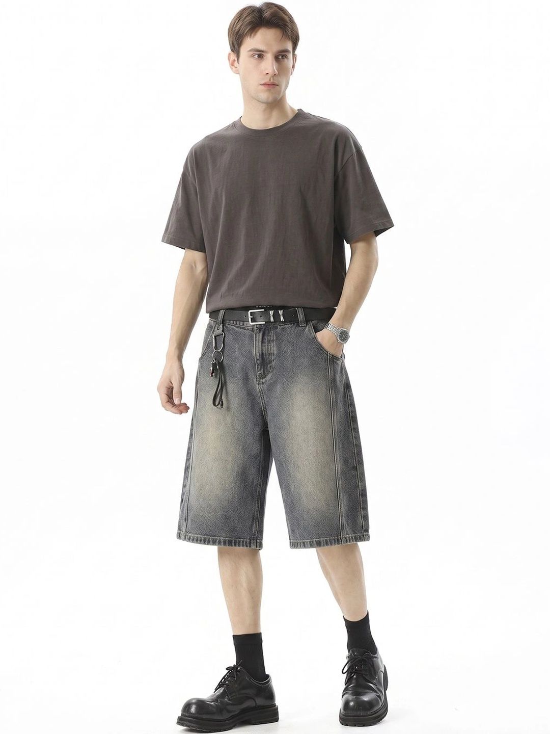 Suo Men Washed Loose Fit Denim Shorts Technology-picture-19
