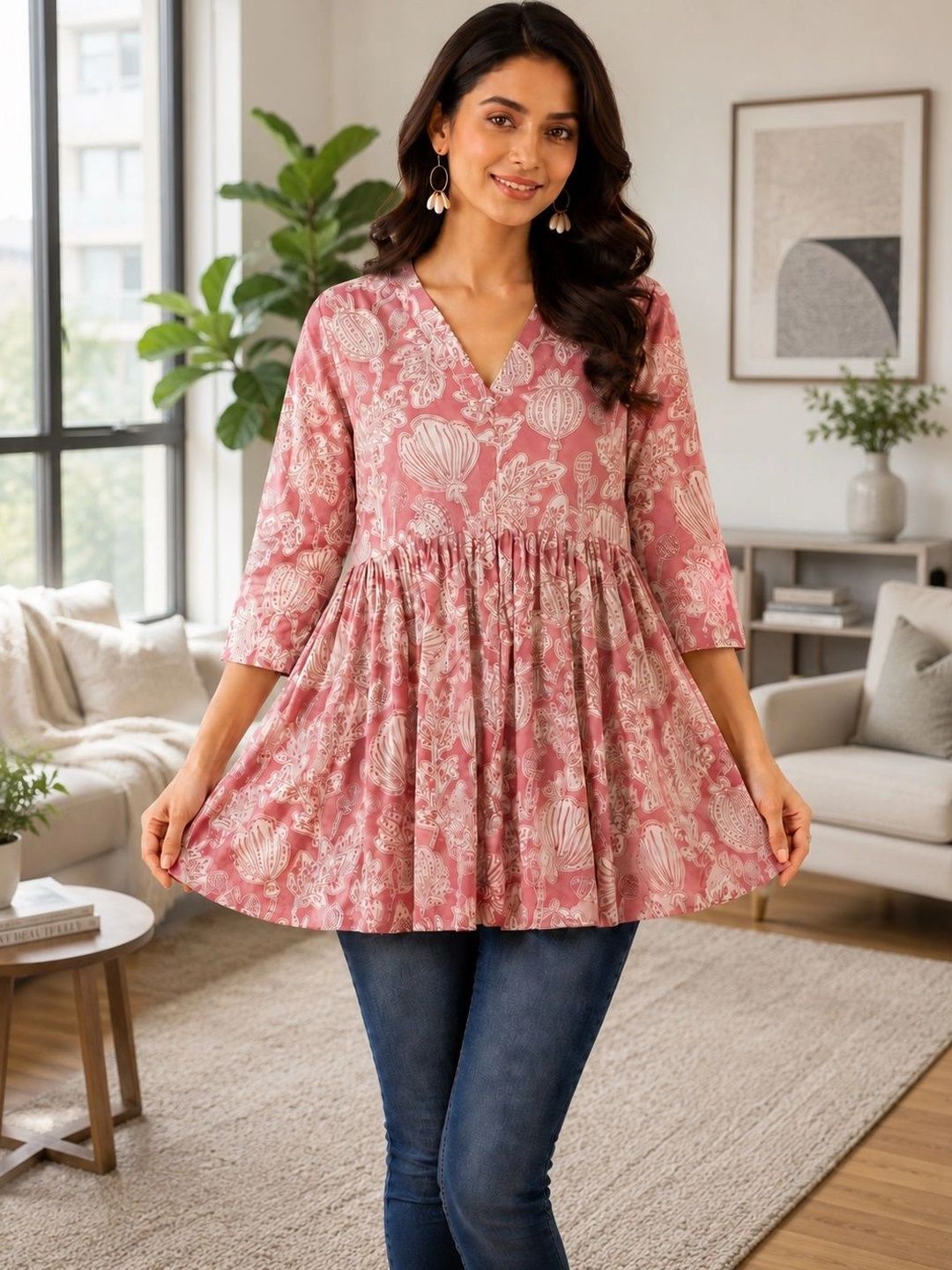 C H CREATION Floral Printed V-Neck Empire Kurti-picture-40