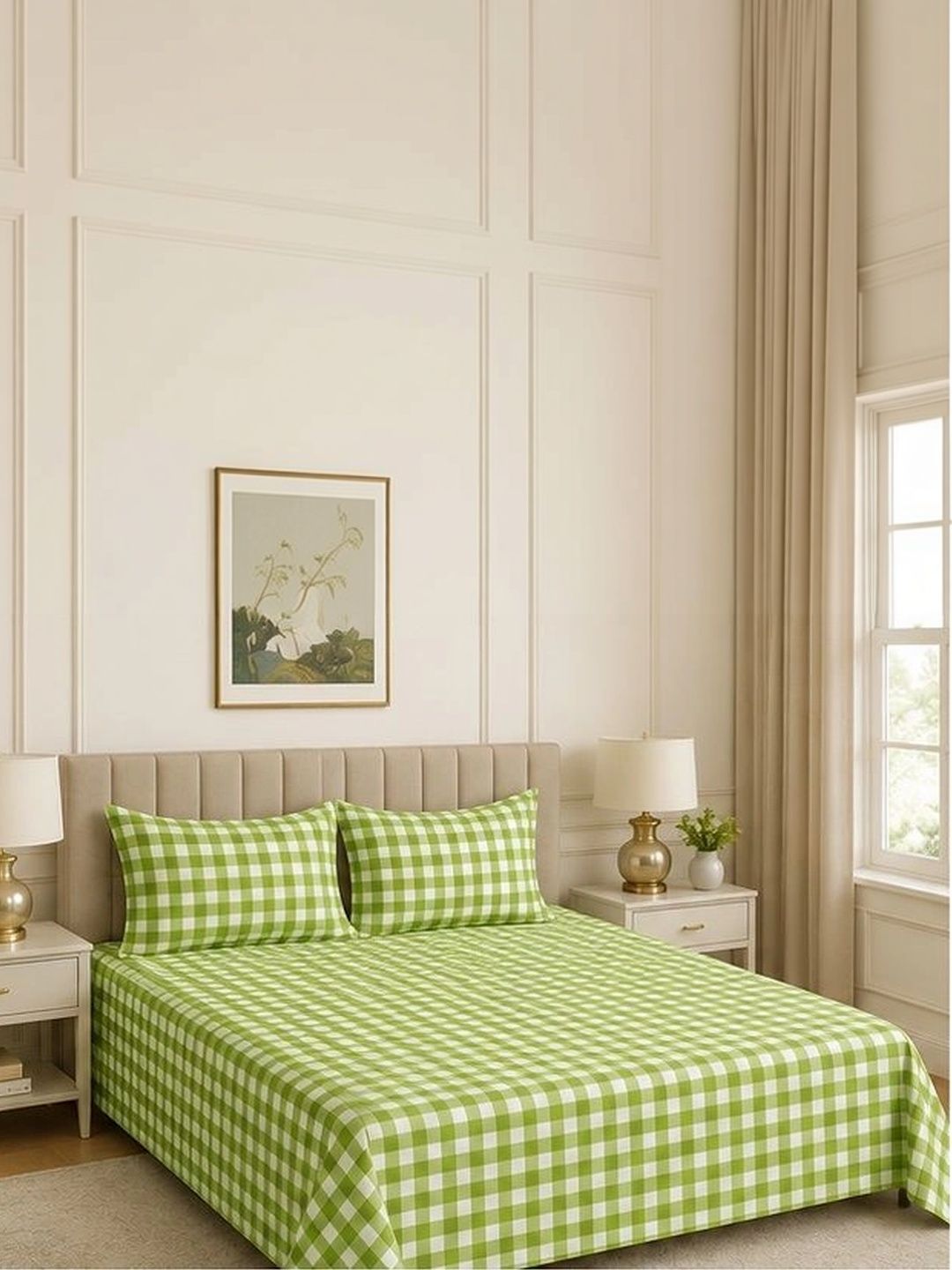 JASHAN Green & White 300 TC King Bedsheet with 2 Pillow Covers-image-29