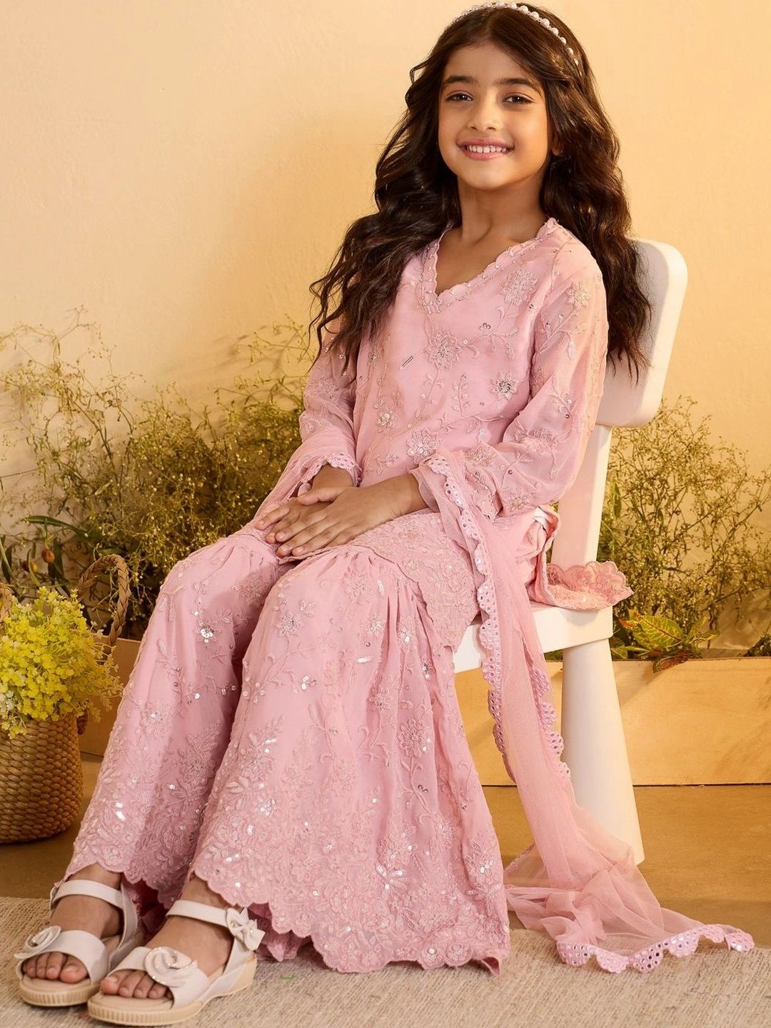 Biba Girls Floral Embroidered Regular Sequinned Kurta with Sharara & With Dupatta-picture-41
