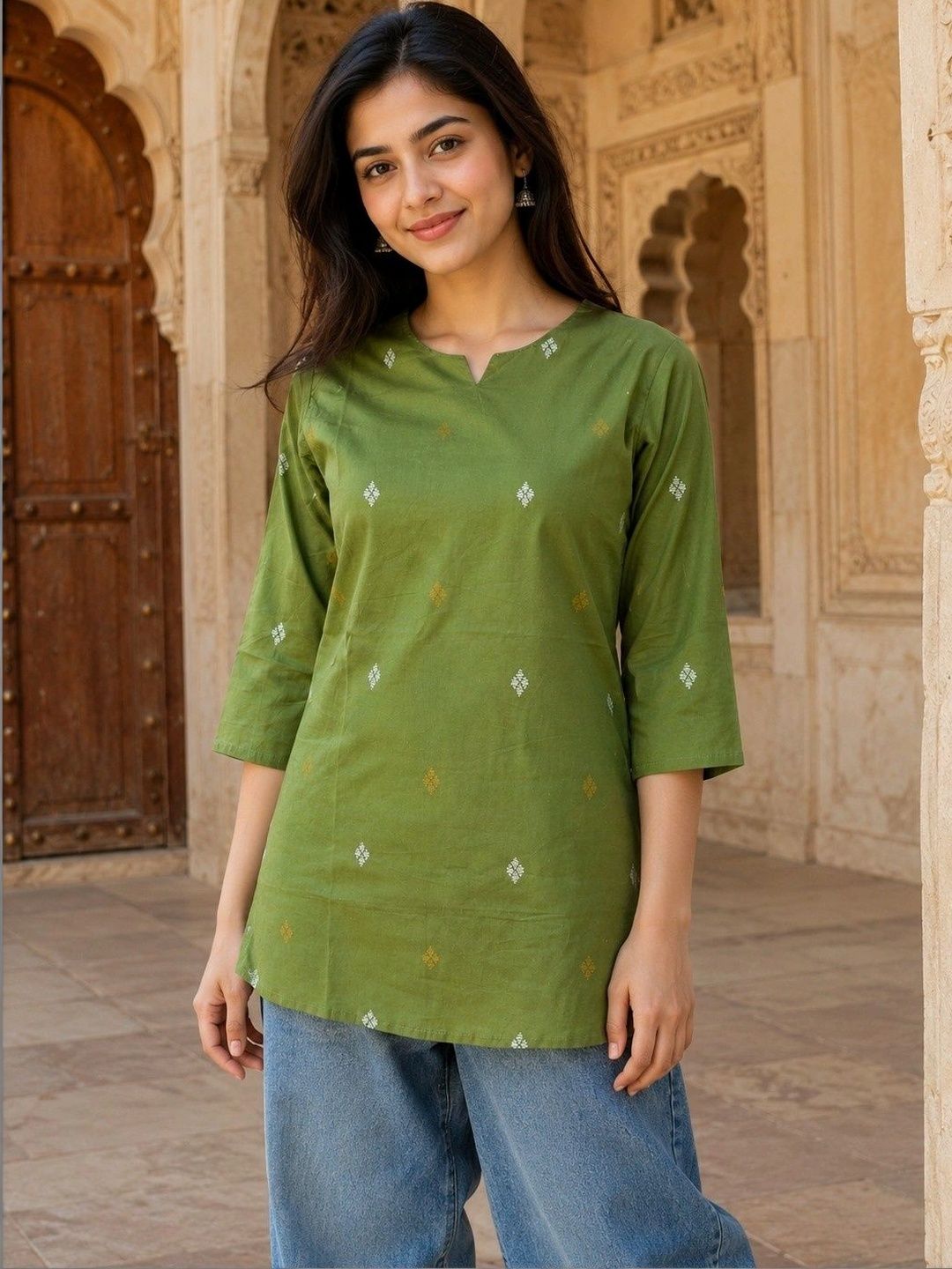 HERE&NOW Geometric Printed V-Neck Pure Cotton Blend Kurti-picture-20