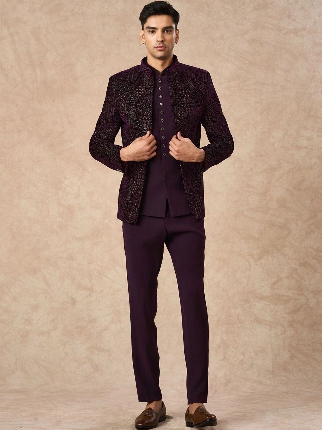 Manyavar Self Design Mandarin Collar Tailored Fit Suits-picture-15