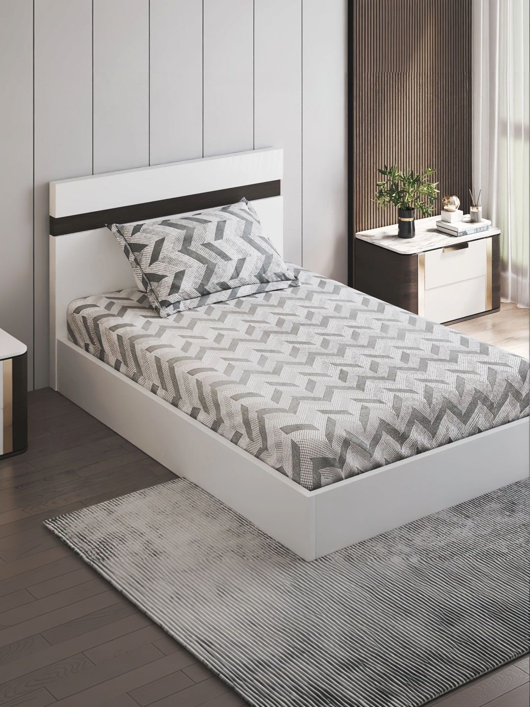 Home Centre Grey & White Geometric 120 TC Single Bedsheet with 1 Pillow Covers-picture-13