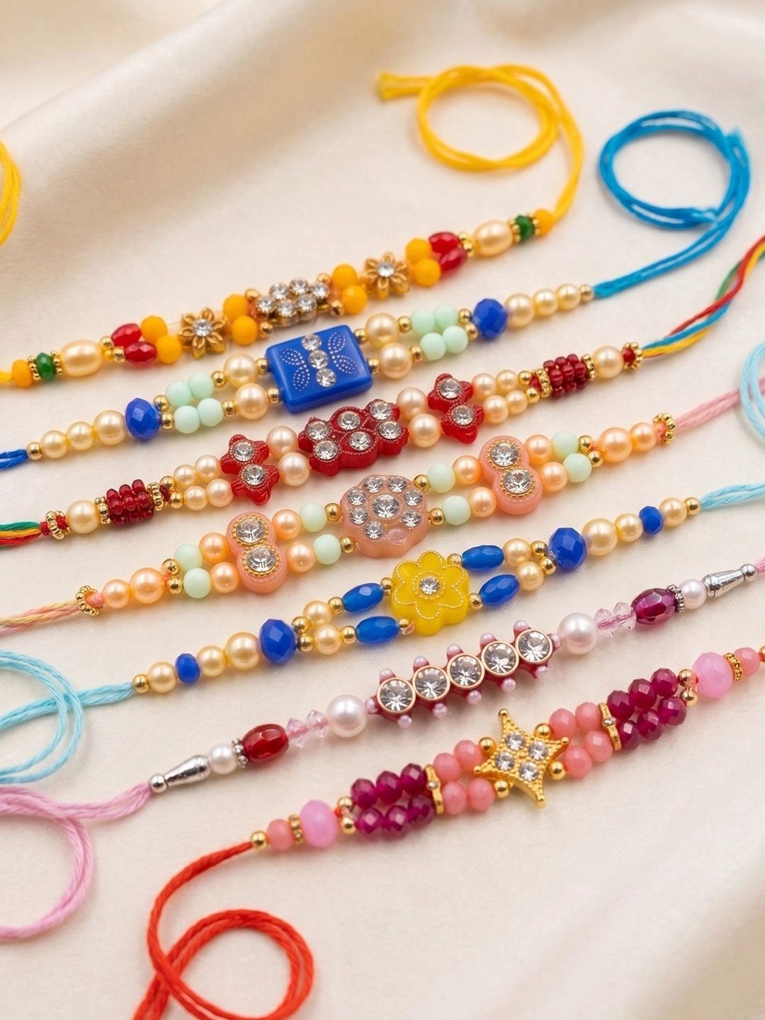 SZN Set Of 7 Multicolor Designer Thread Rakhi With Roli Chawal Chandan Mishri-picture-50