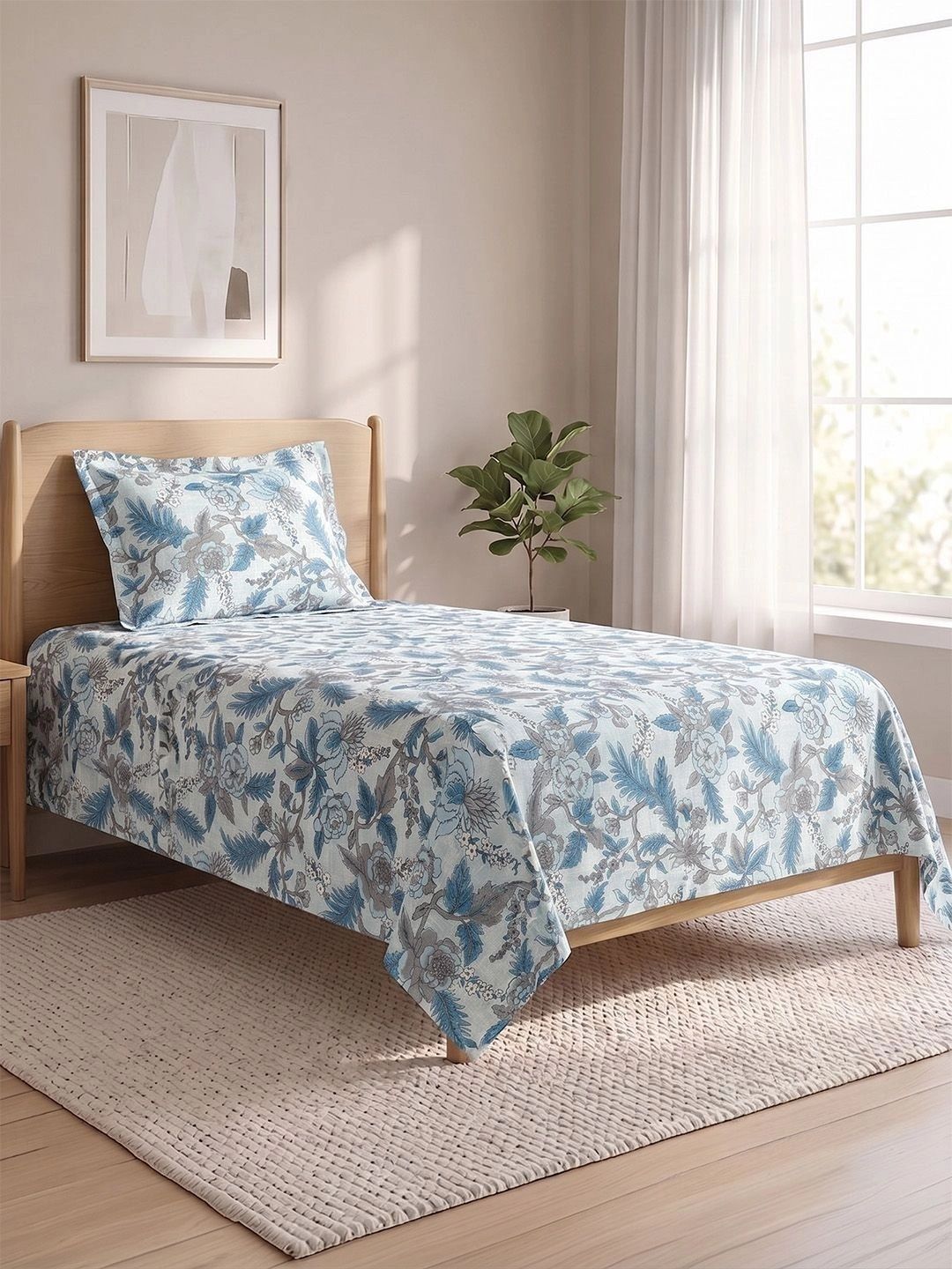 LANE LINEN Blue & Grey Floral 144 TC Single Bedsheet with 1 Pillow Covers-image-18
