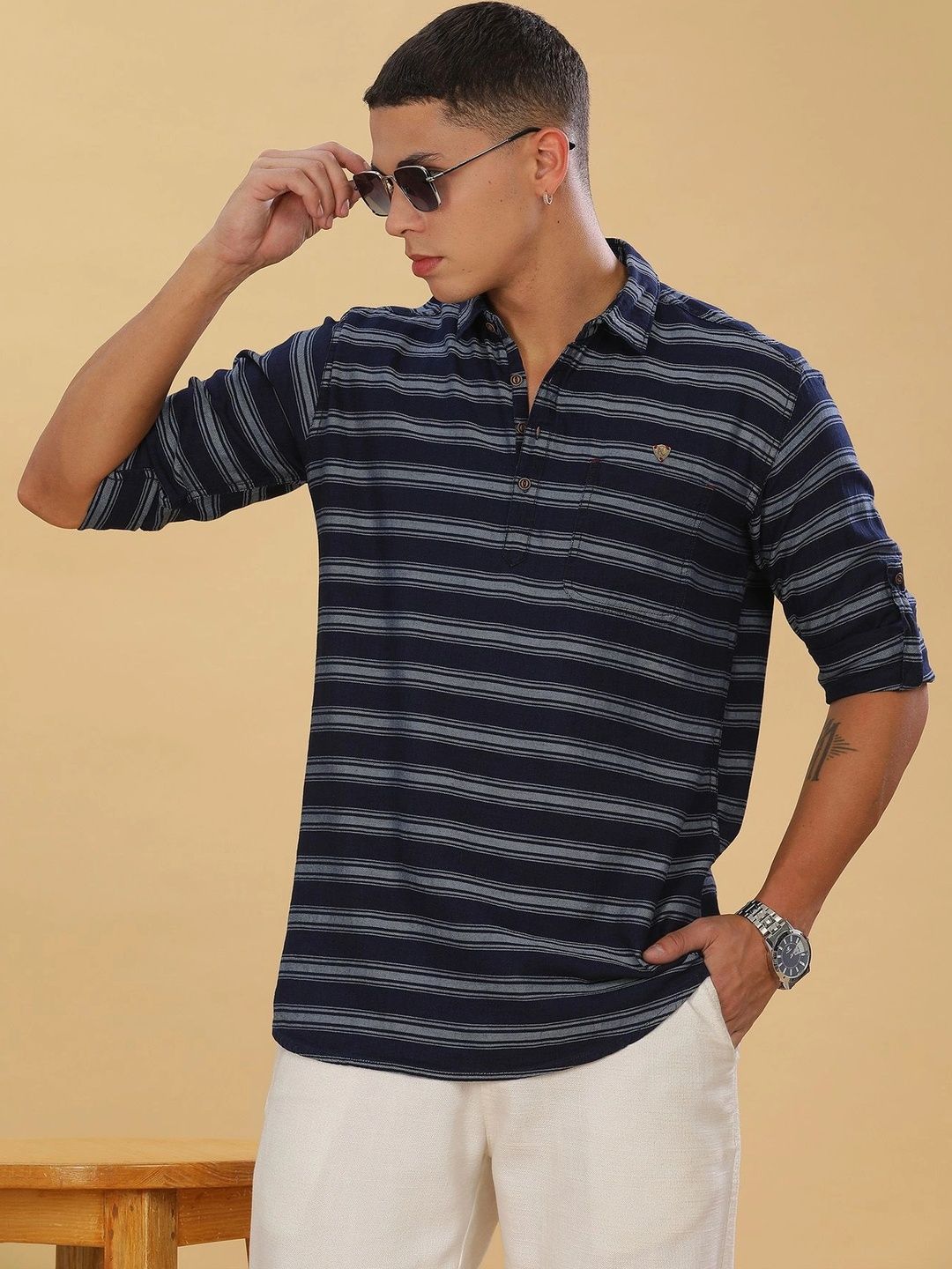 Kuons Men Striped Denim Kurta-picture-10