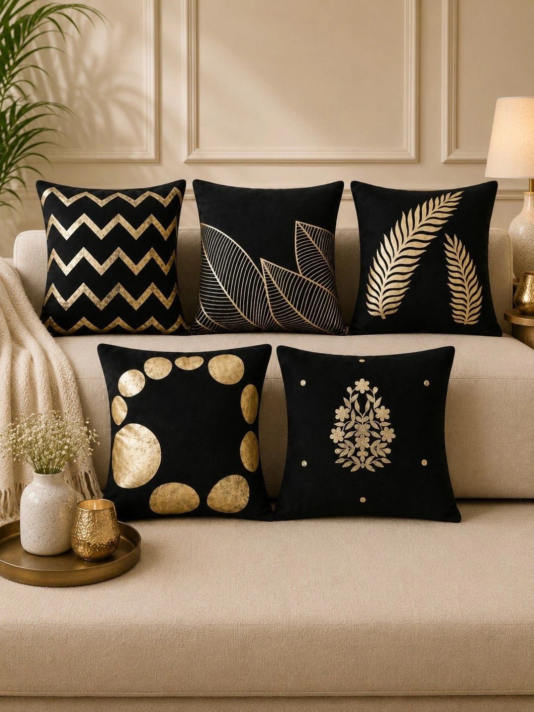 HOSTA HOMES Multicoloured Set of 5 Floral Velvet Square Cushion Covers-picture-37
