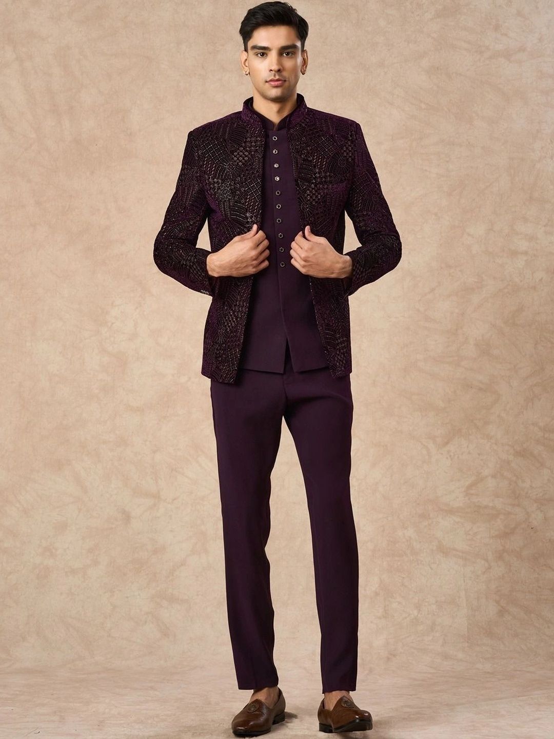 Manyavar Self Design Mandarin Collar Tailored Fit Suits-image-2
