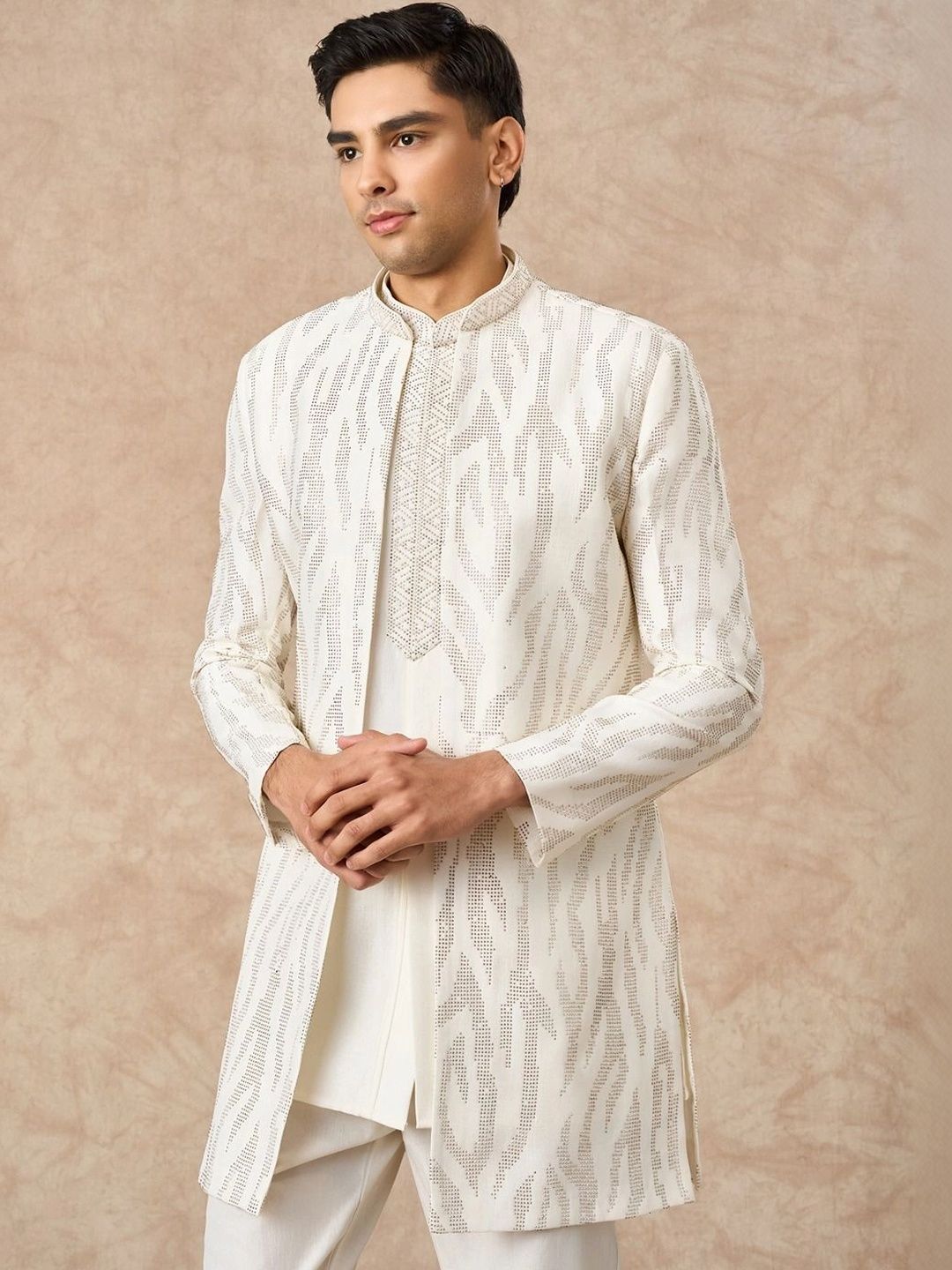 Manyavar Self Design Mandarin Collar Sherwani-picture-17