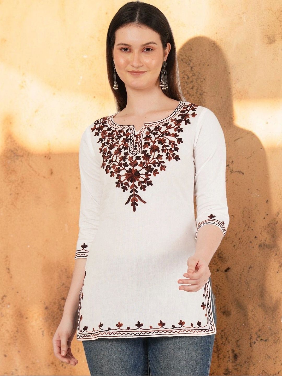 Hyba Embroidered Keyhole Neck Ethnic Cotton Blend Top-picture-53