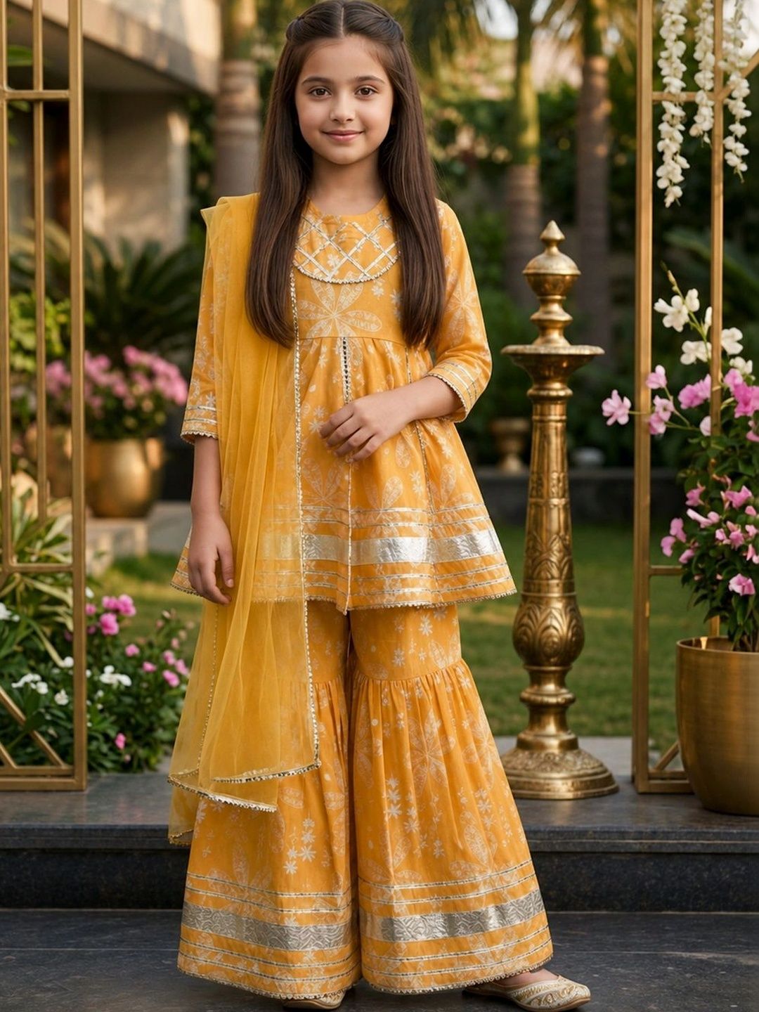 Cutiekins Girls Floral Printed Empire Gotta Patti Kurta with Sharara & With Dupatta-picture-15