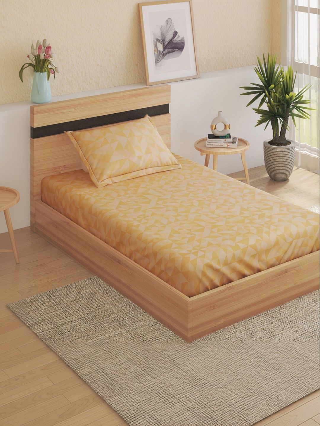 Home Centre Beige & Yellow Geometric 120 TC Single Bedsheet with 1 Pillow Covers-image-47