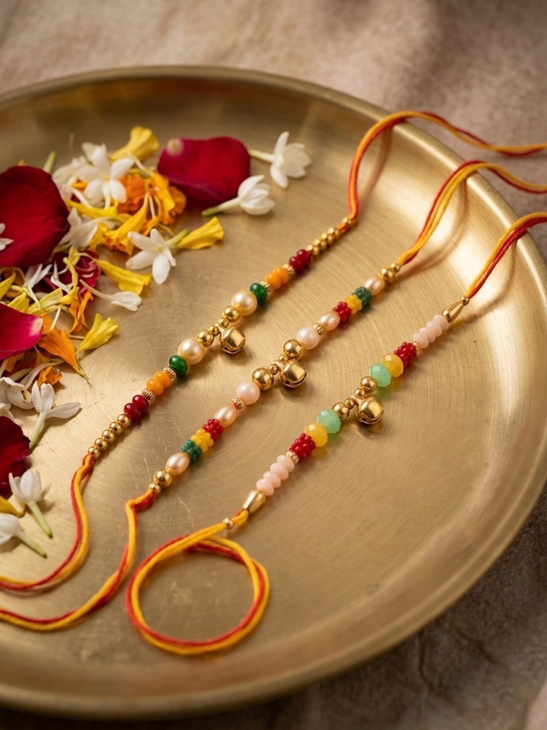 Anouk Set Of 3 Artificial Beads Orange Thread Rakhi With Roli Chawal Chandan Mishri-image-14
