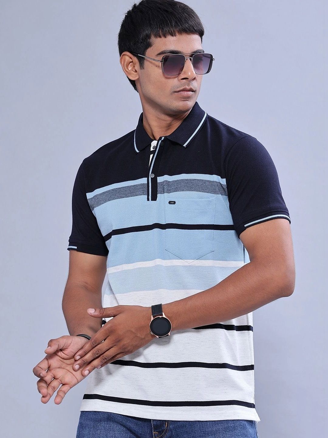 V-Mart Men Striped Polo Collar Pockets Slim Fit T-shirt-picture-29