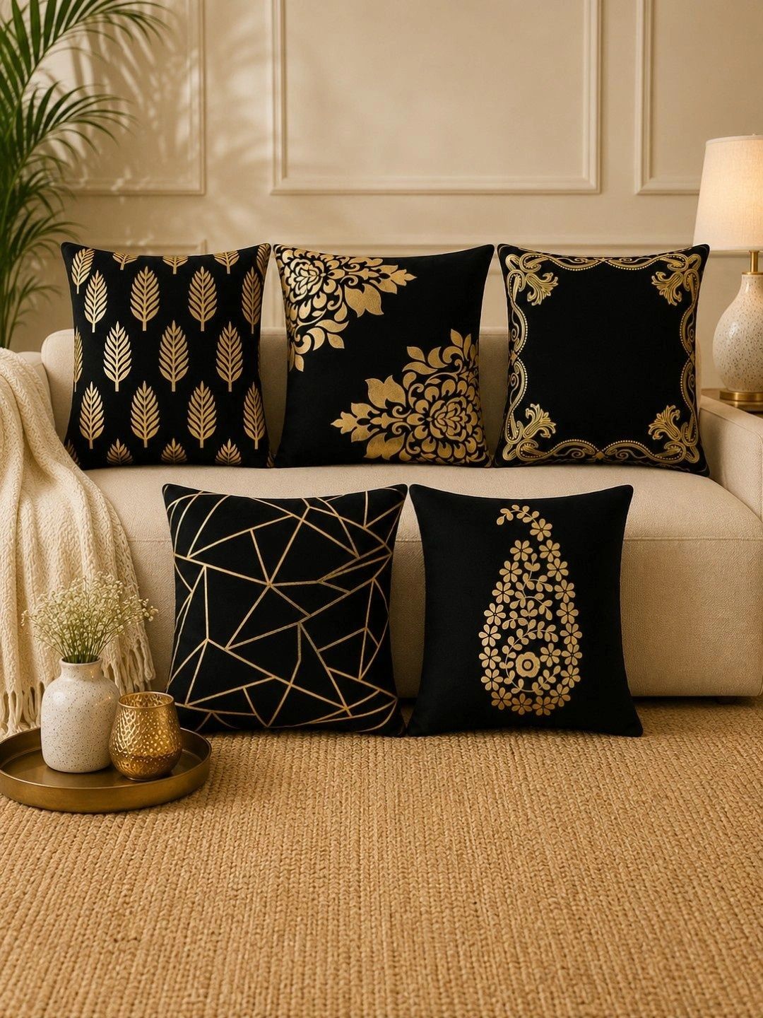 HOSTA HOMES Multicoloured Set of 5 Floral Velvet Square Cushion Covers-picture-26