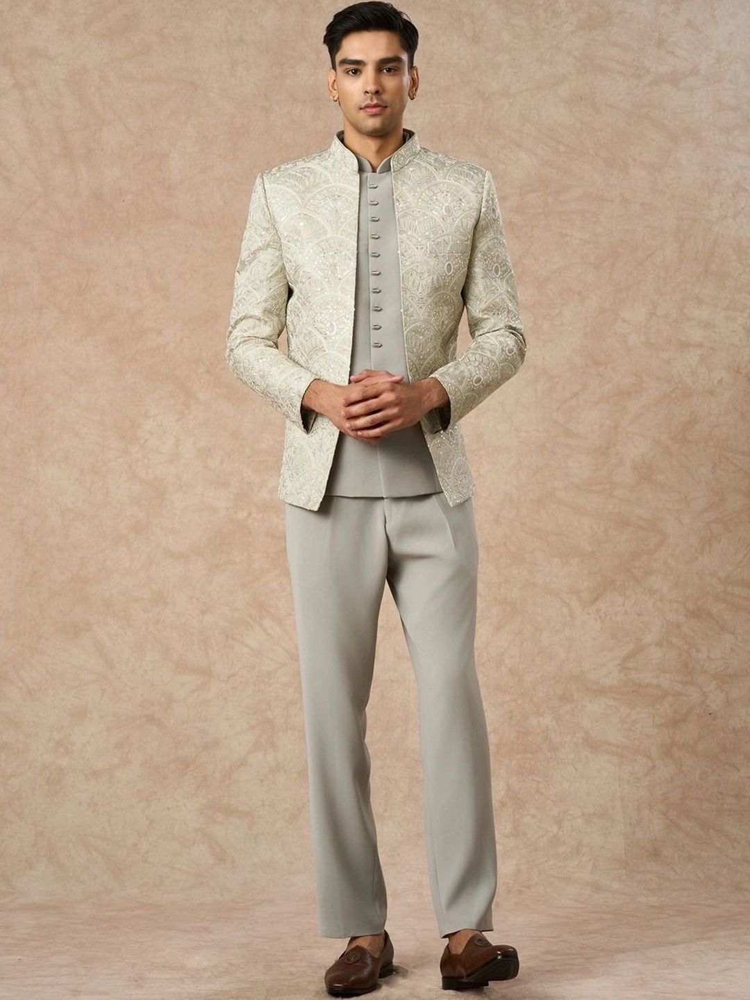 Manyavar Self Design Mandarin Collar Tailored Fit 4 Piece Suits-picture-18