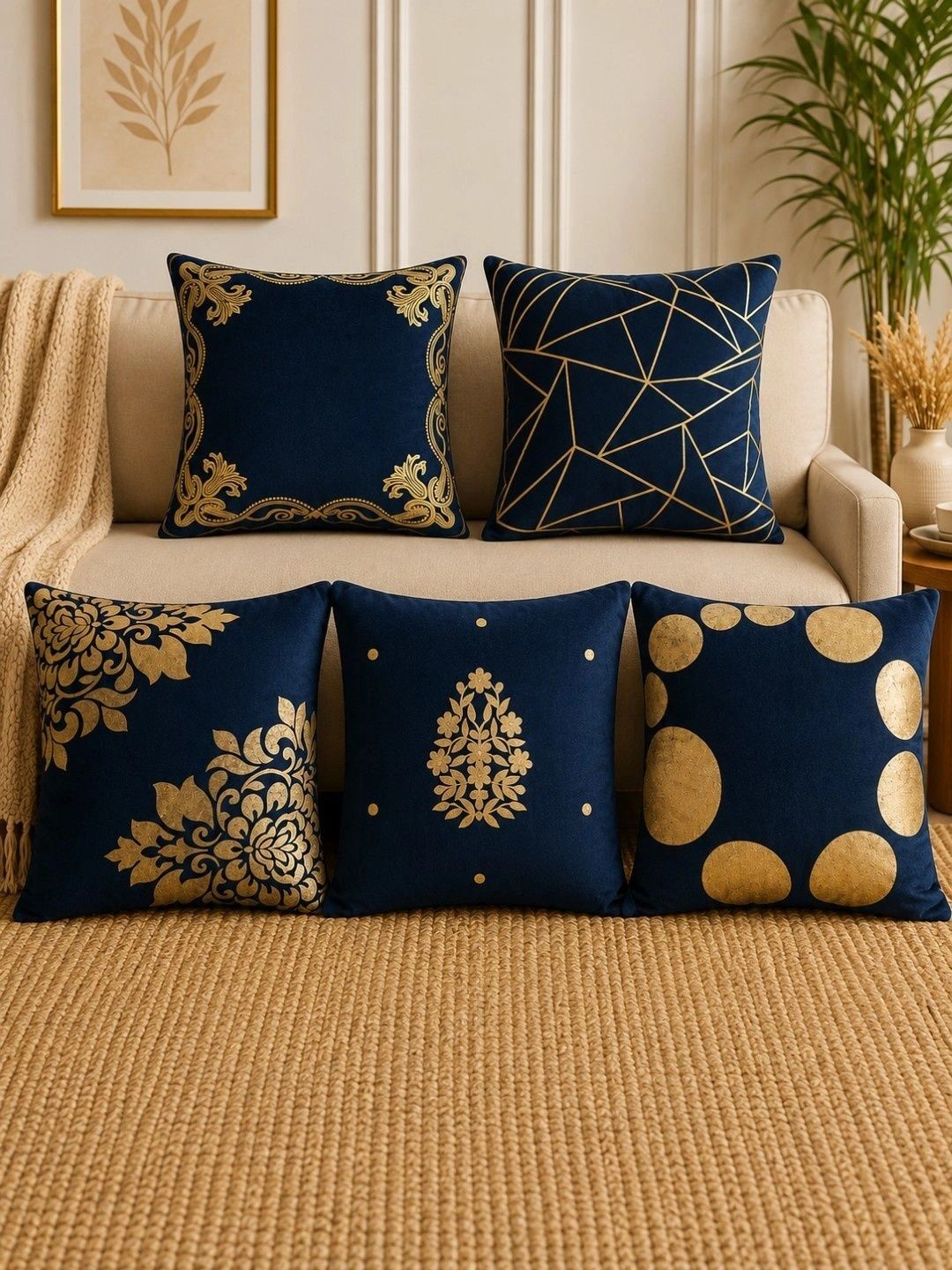HOSTA HOMES Multicoloured Set of 5 Floral Velvet Square Cushion Covers-picture-28