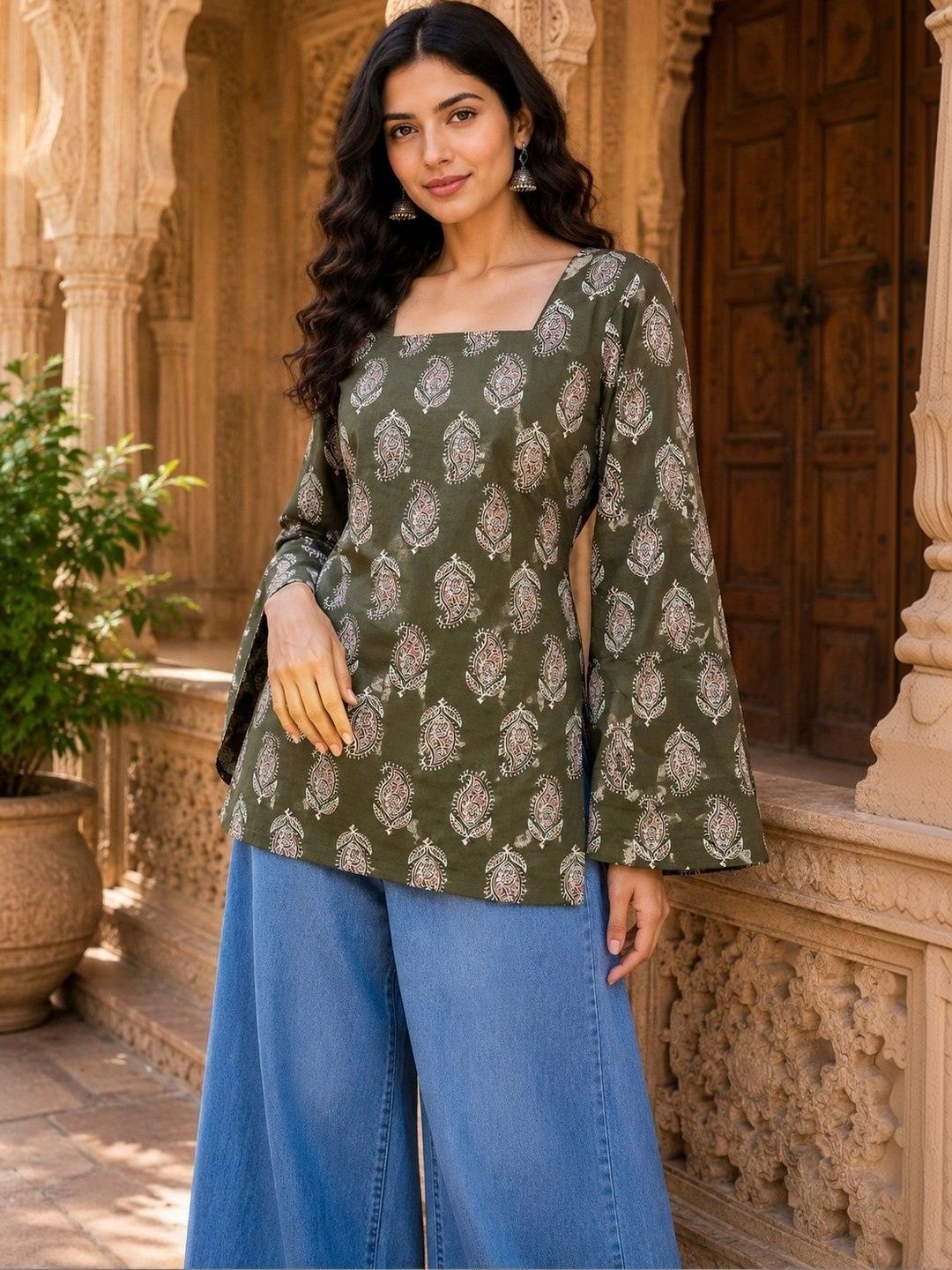 HERE&NOW Ethnic Motifs Printed Square Neck Flared Sleeves Pure Cotton Blend Kurti-picture-41