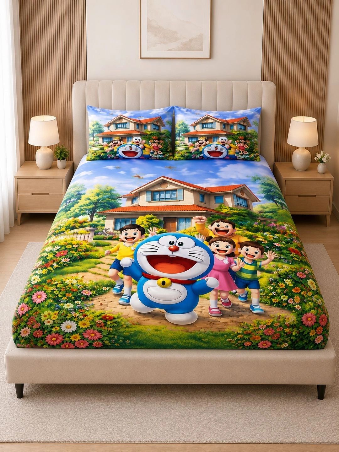 VAIKUNTH HOME Multicoloured & Blue Graphic 250 TC Bedsheet with 2 Pillow Covers-image-36