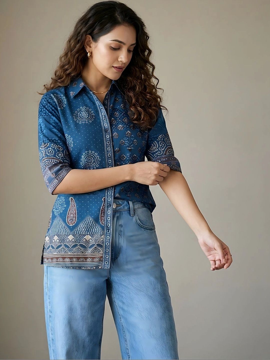 Banwaree Print Roll-Up Sleeves Ethnic Crepe Top-picture-58