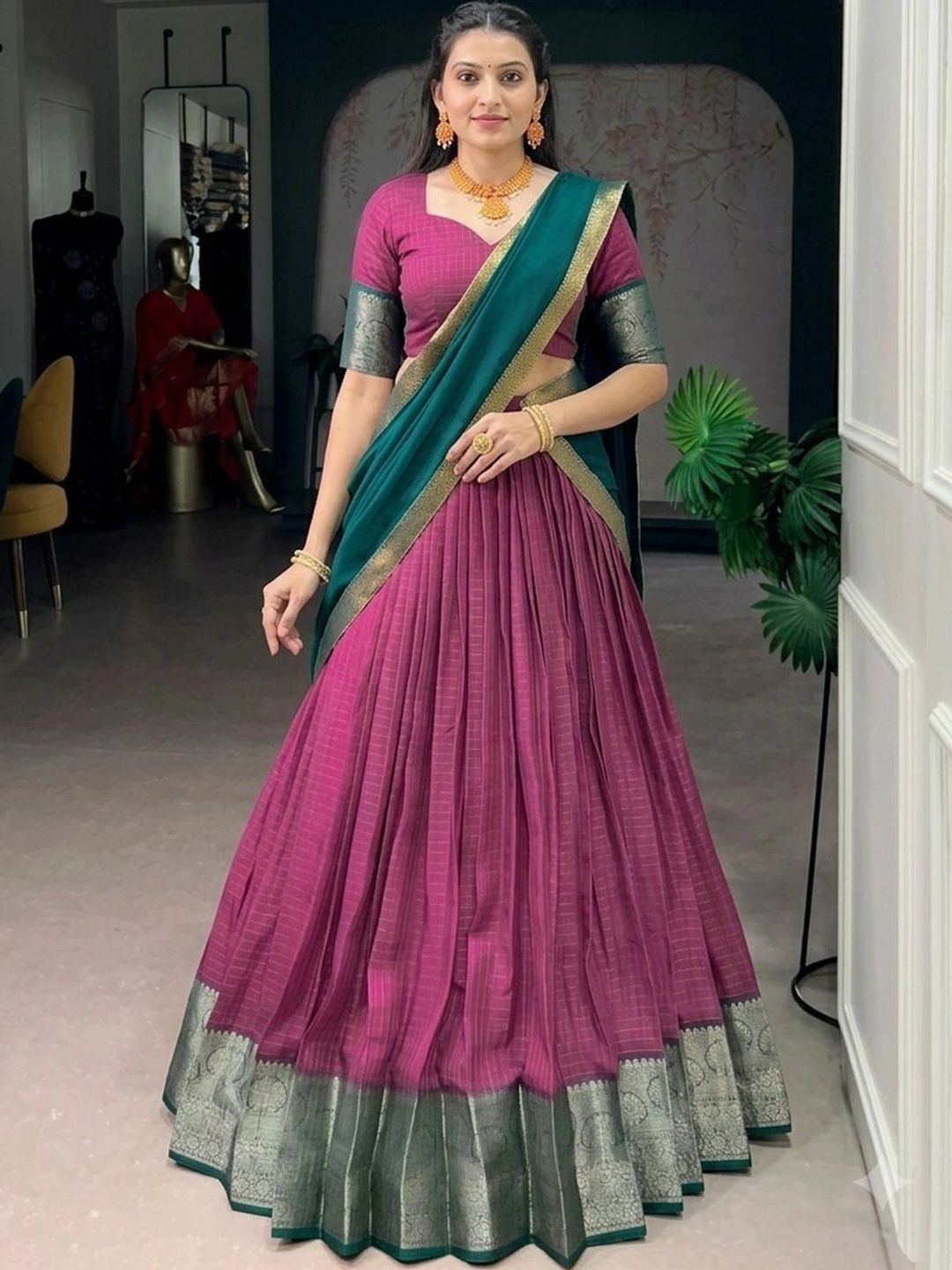 BHAVUBAA Magenta & Teal Silk Blend Lehenga Choli Set-image-5