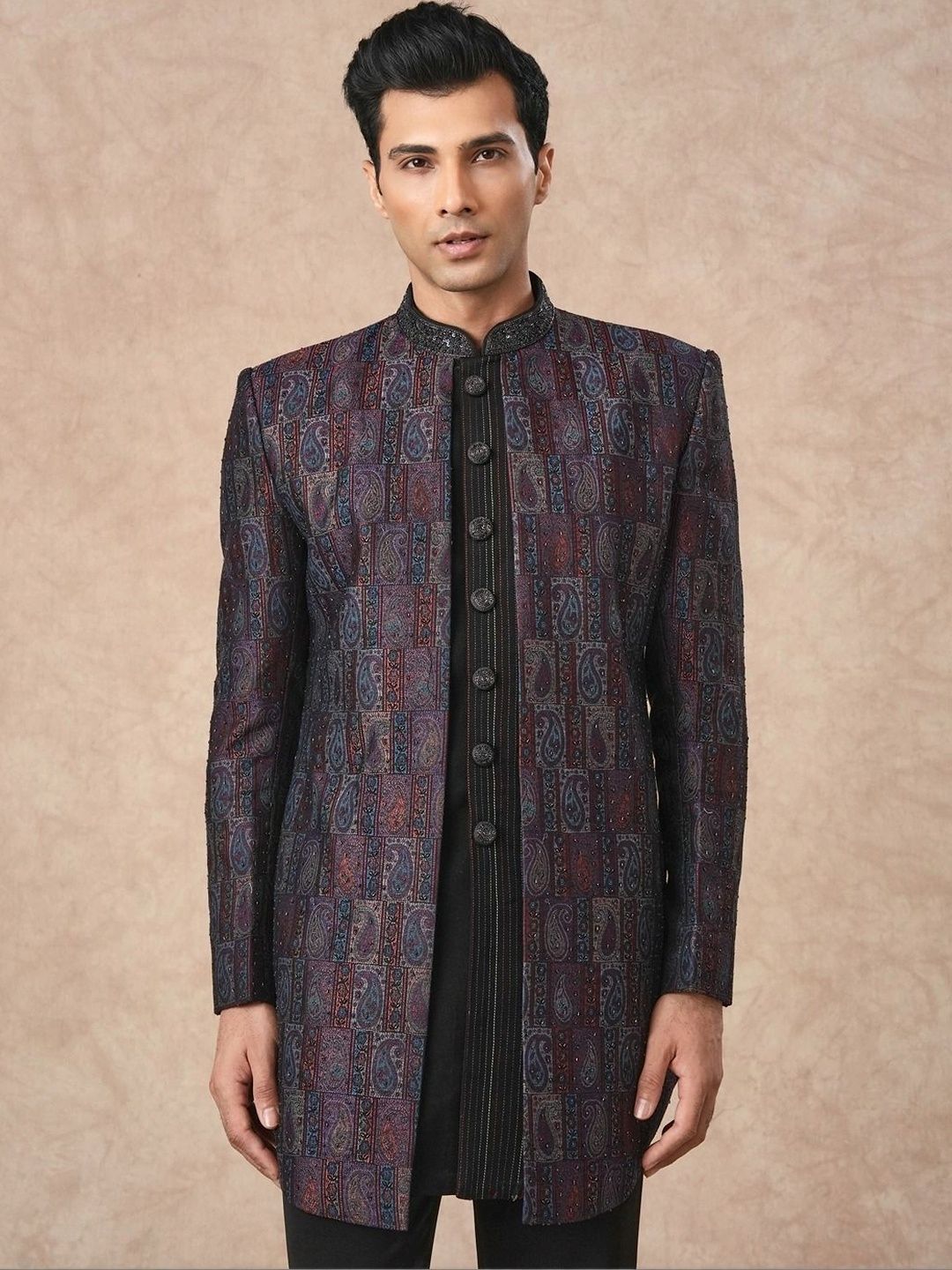 Manyavar Self Design Mandarin Collar Sherwani-picture-18