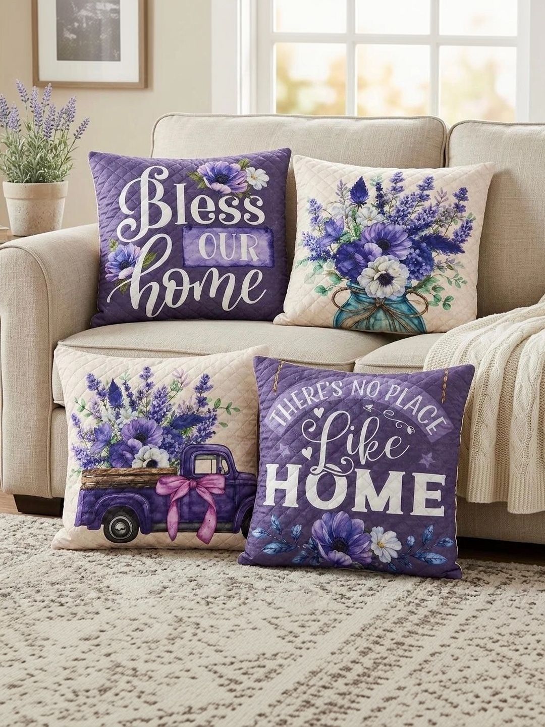 BALLEY Purple & Cream-Coloured Set of 4 Velvet Square Cushion Covers-image-48