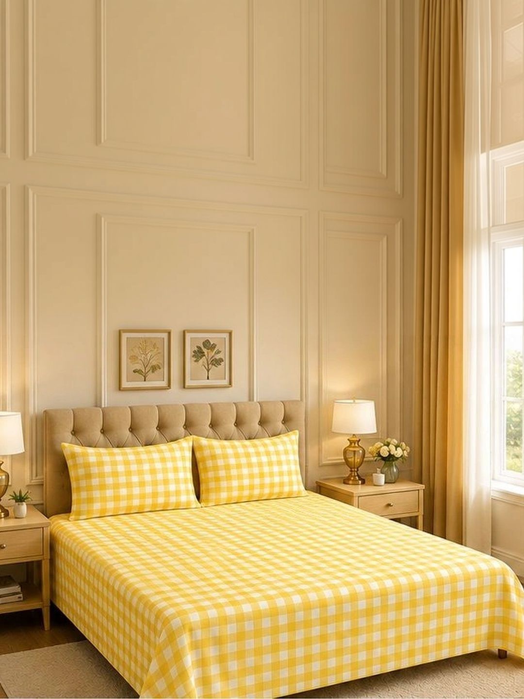 JASHAN Yellow & White 300 TC Queen Bedsheet with 2 Pillow Covers-image-32