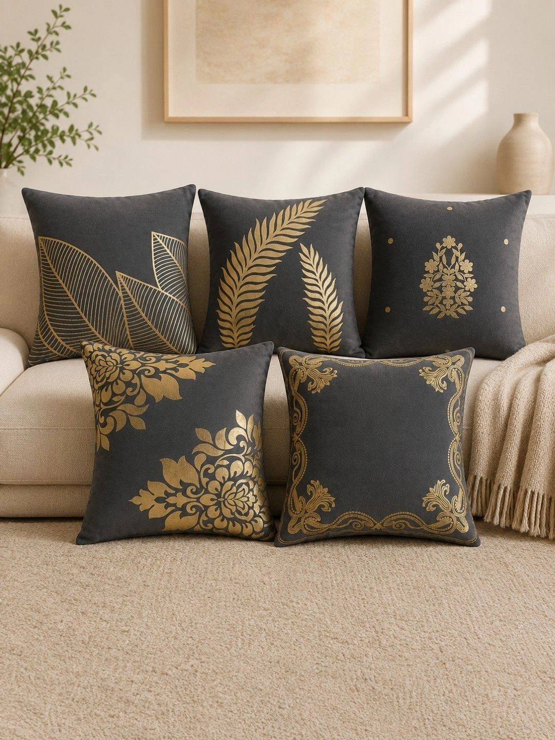 HOSTA HOMES Multicoloured Set of 5 Floral Velvet Square Cushion Covers-picture-18